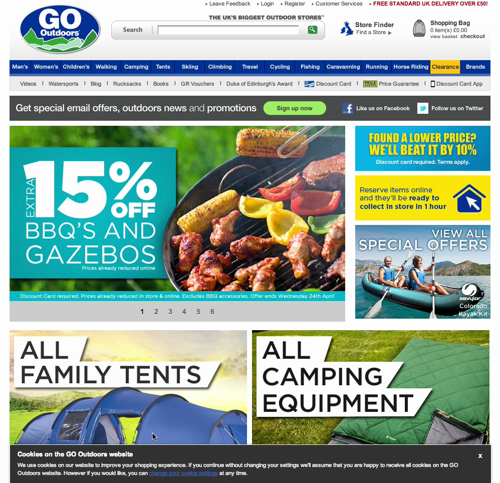 Go Outdoors' website homepage showing products including tents, barbecues, gazebos, and camping equipment