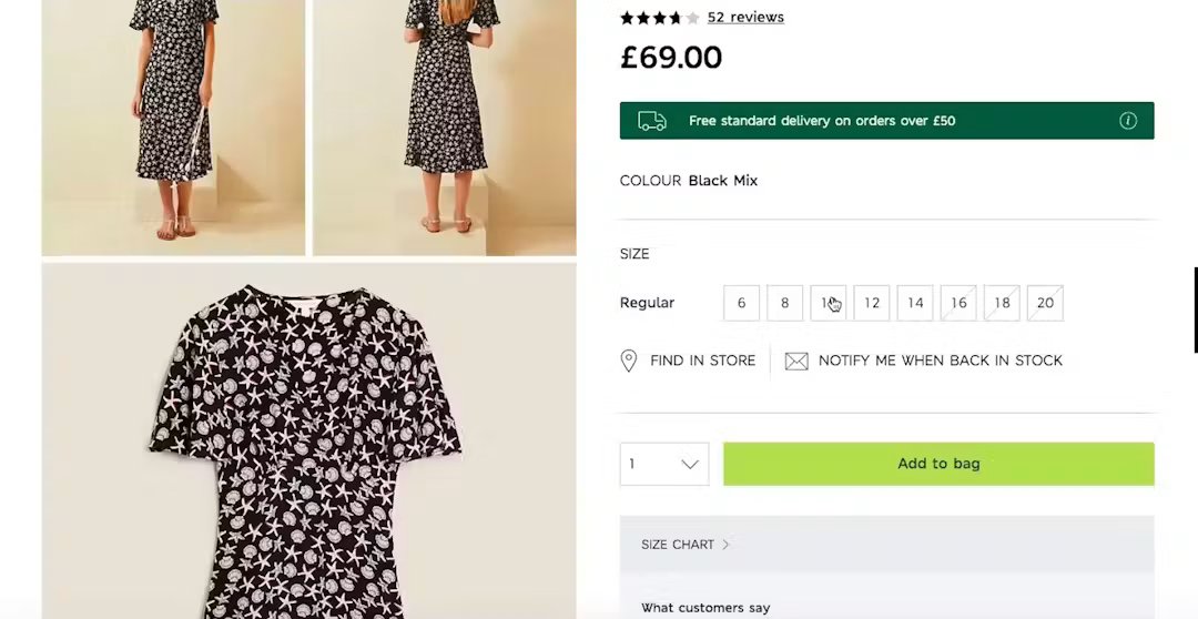 Product detail page showing a women's dress in black with white pattern