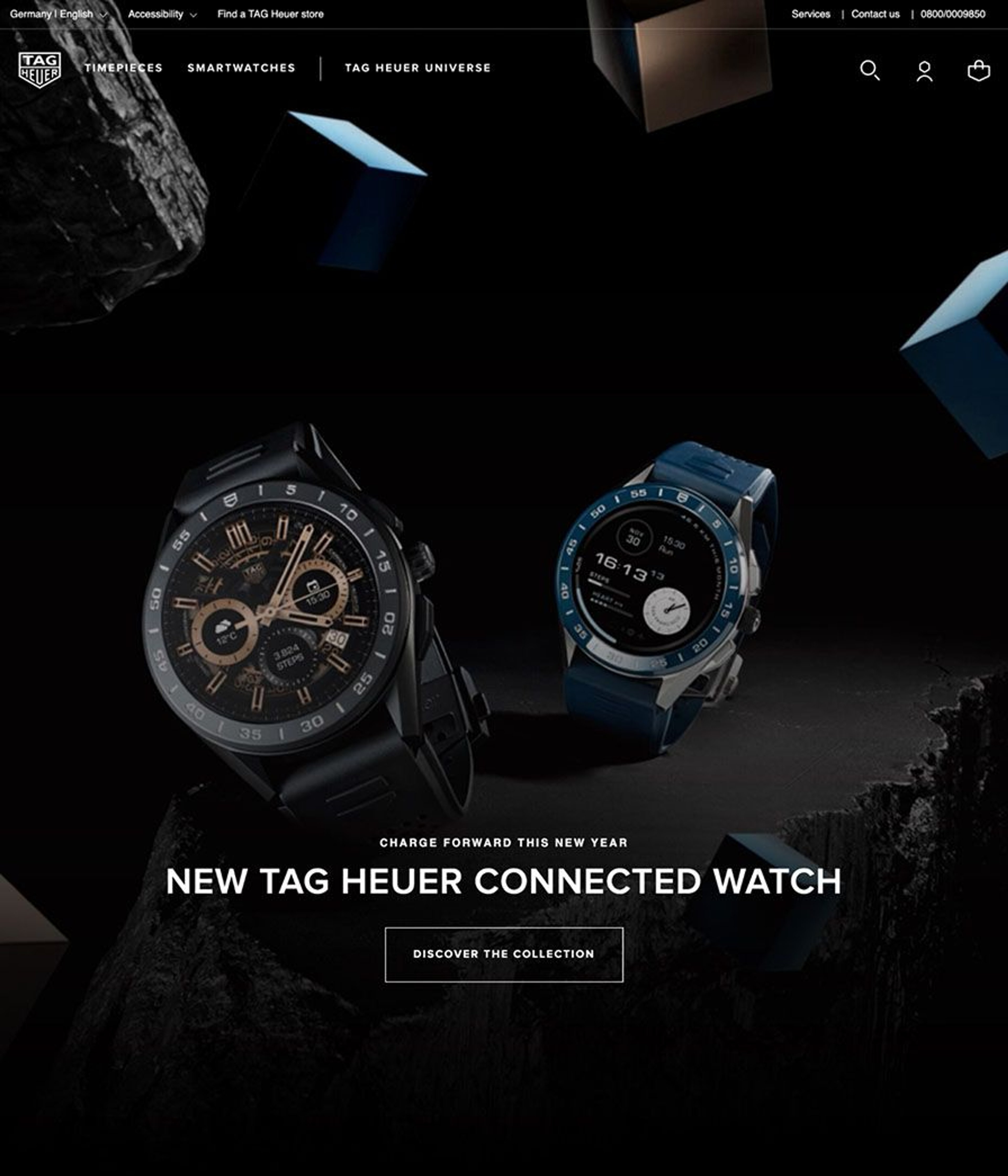TAG Heuer homepage with prominent banner showing two Tag Heuer Connected watches