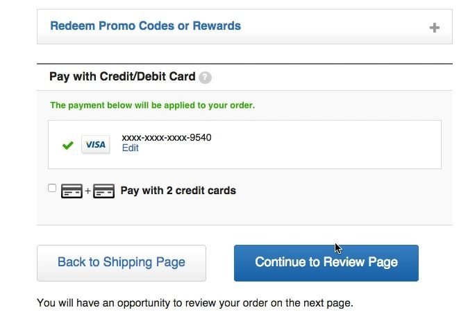 Payment form with confirmation message and helpful microcopy on Crate & Barrel