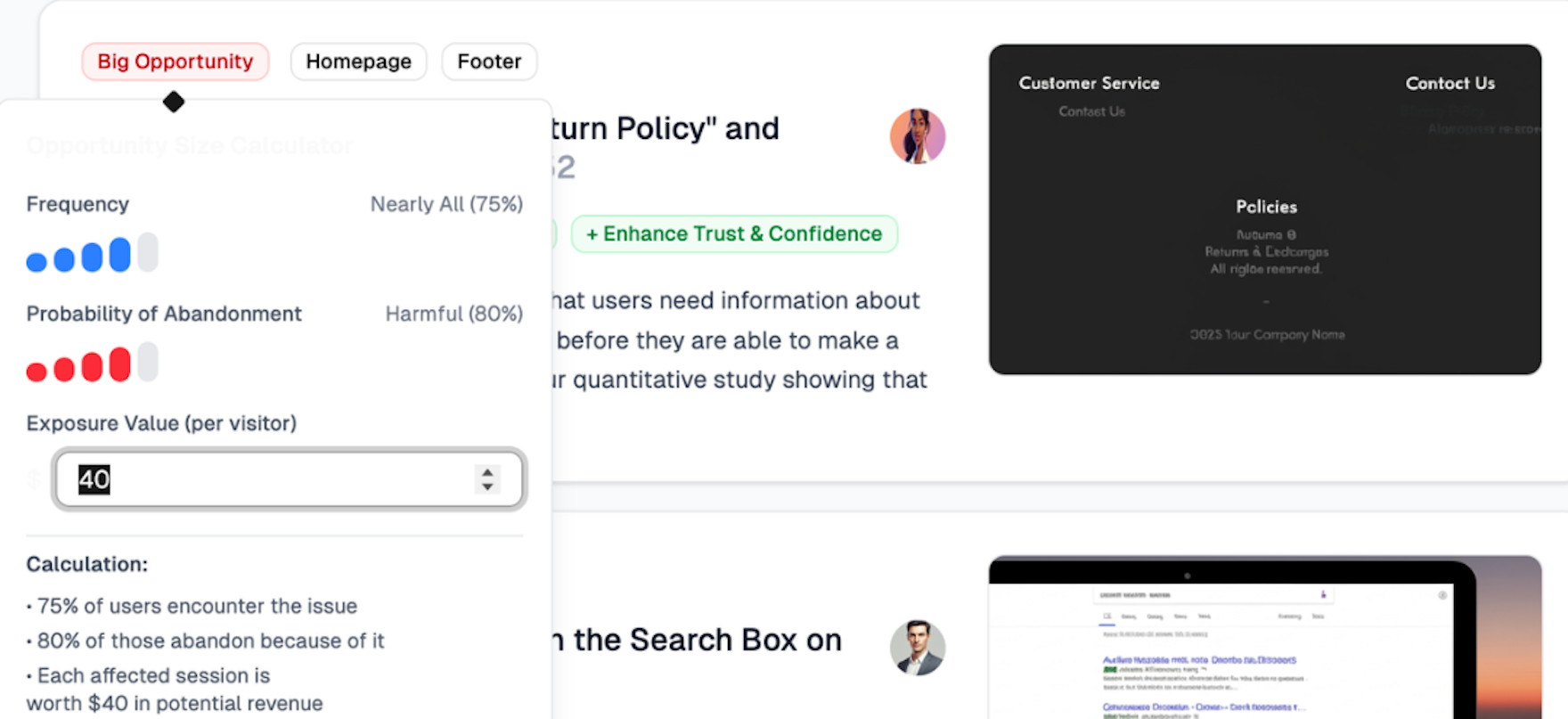 Baymard Opportunity Sizing Calculator showing the cost of UX friction per individual guidelines.