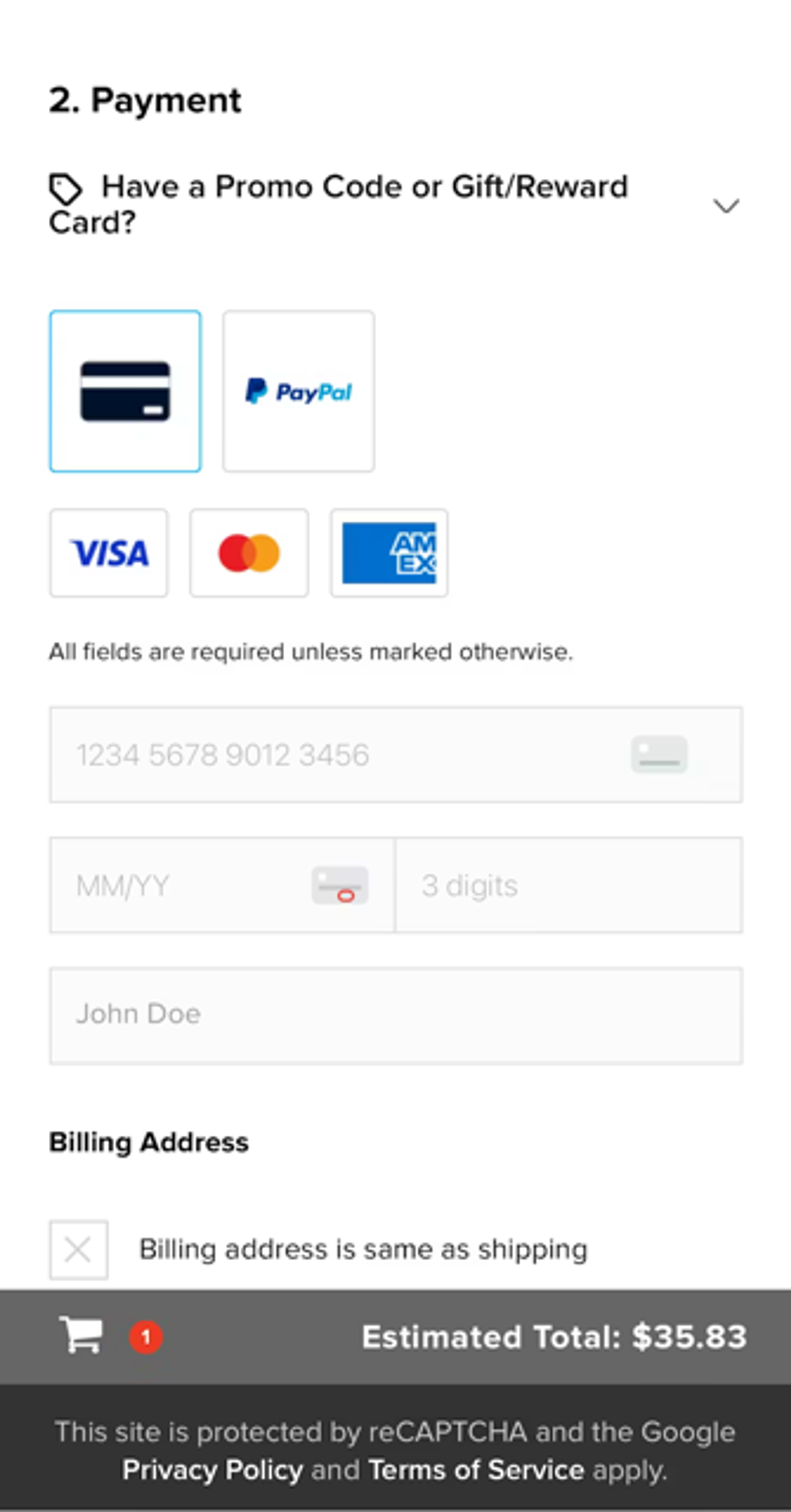 Payment screen shown on a mobile ecommerce website