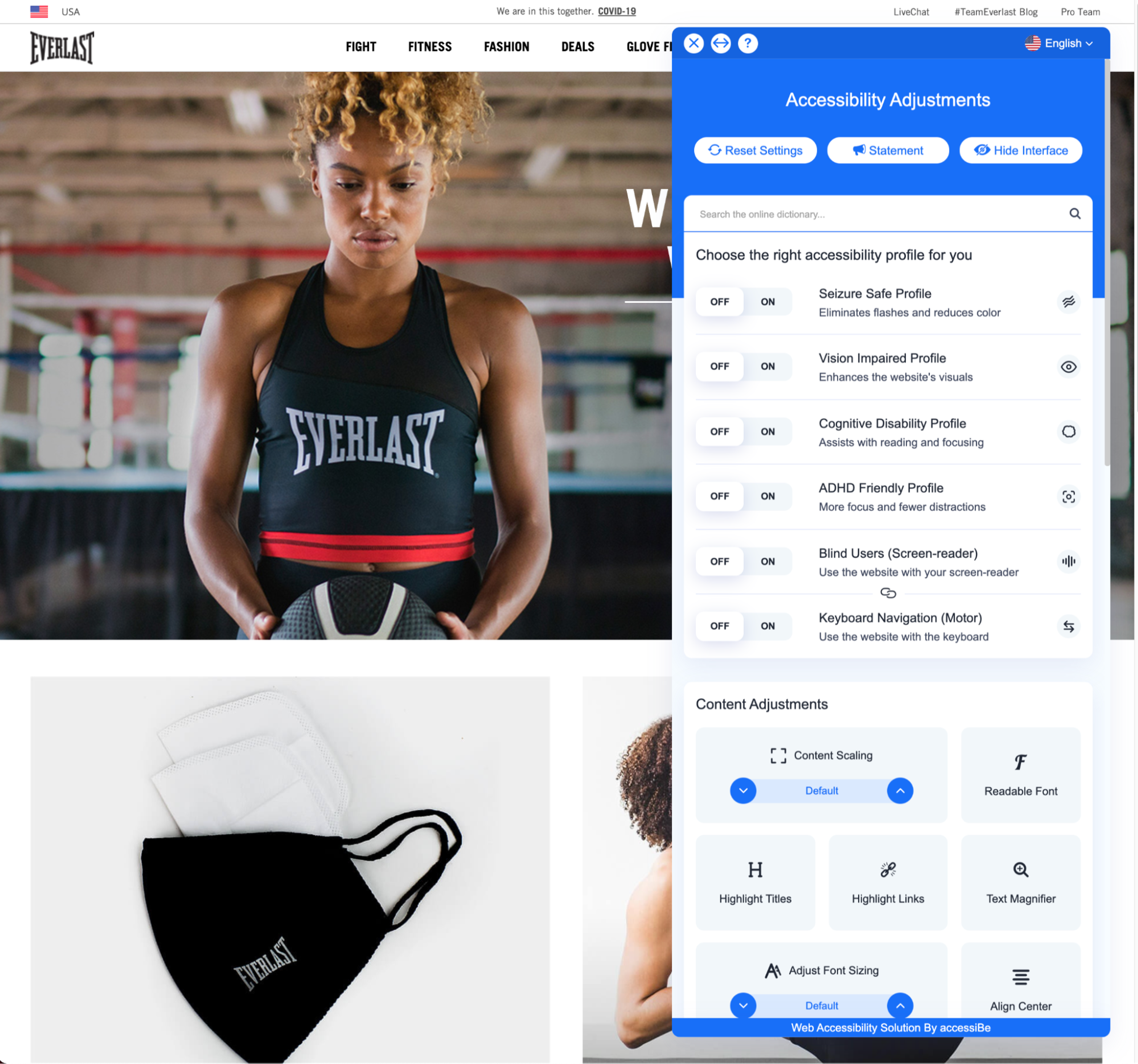 Everlast website with a visible accessibility control panel widget in the corner of the users’ viewport