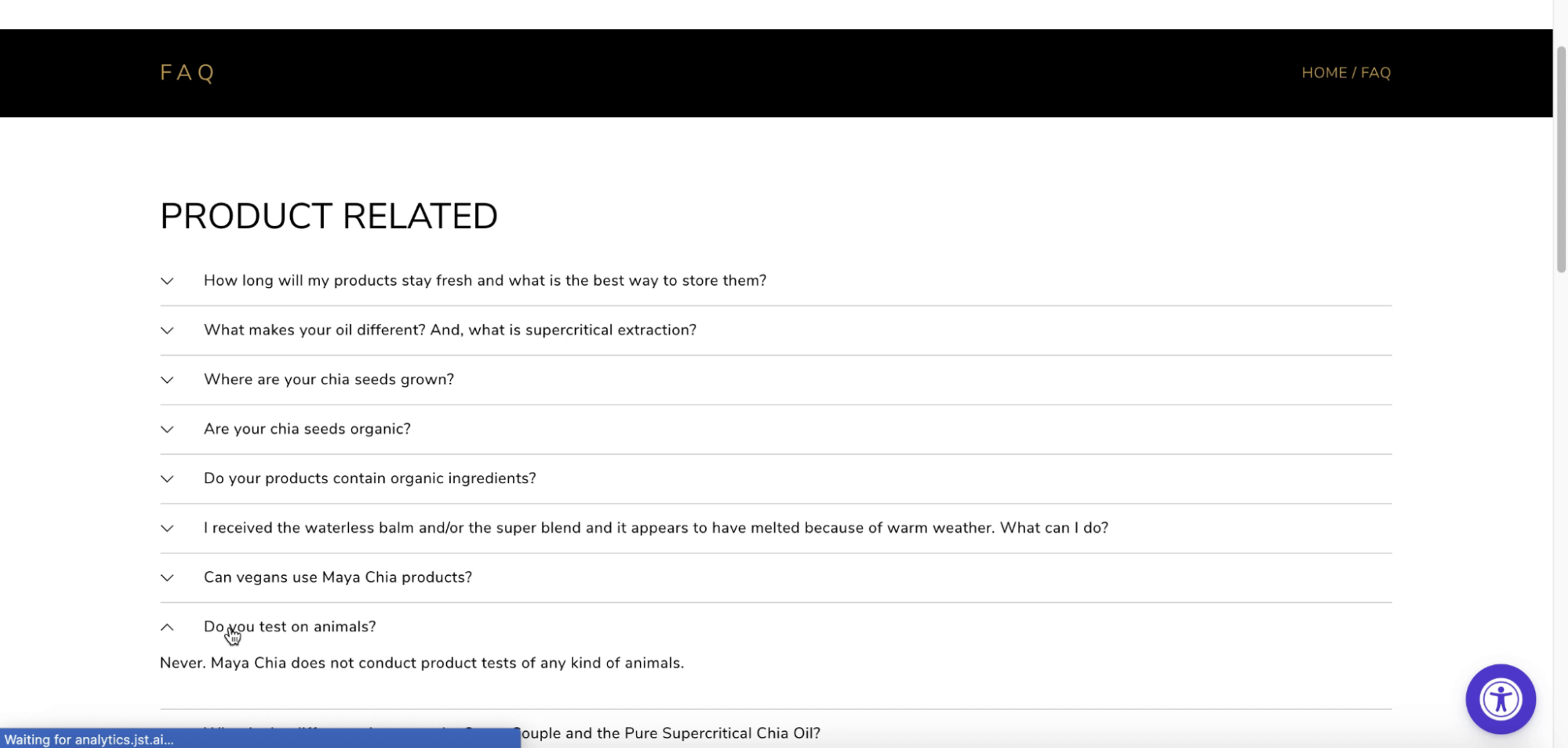 Product-related FAQs in an accordion on the Maya Chia website