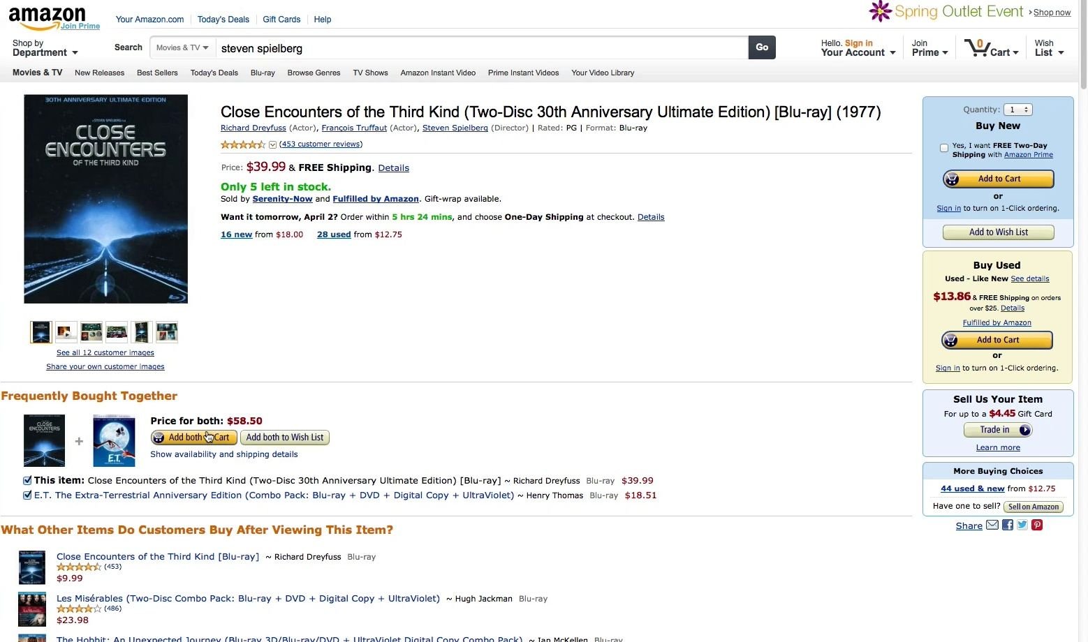 Amazon product page for Close Encounters of the Third Kind Blu-Ray