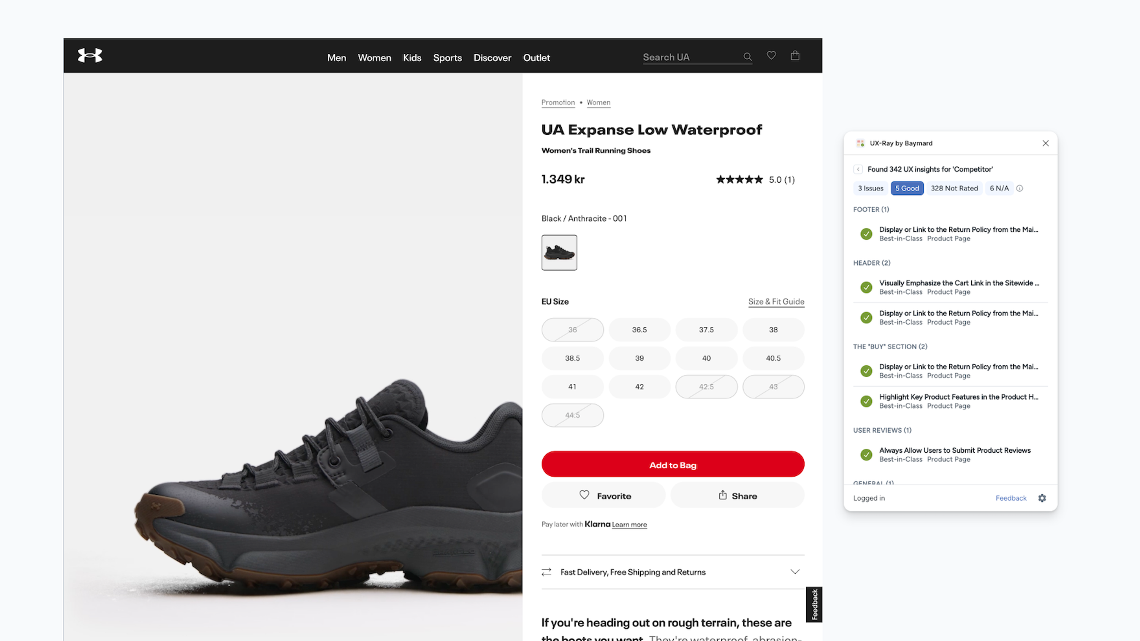 UX-Ray Figma scan showing UX recommendations on an Under Armour shoe product page