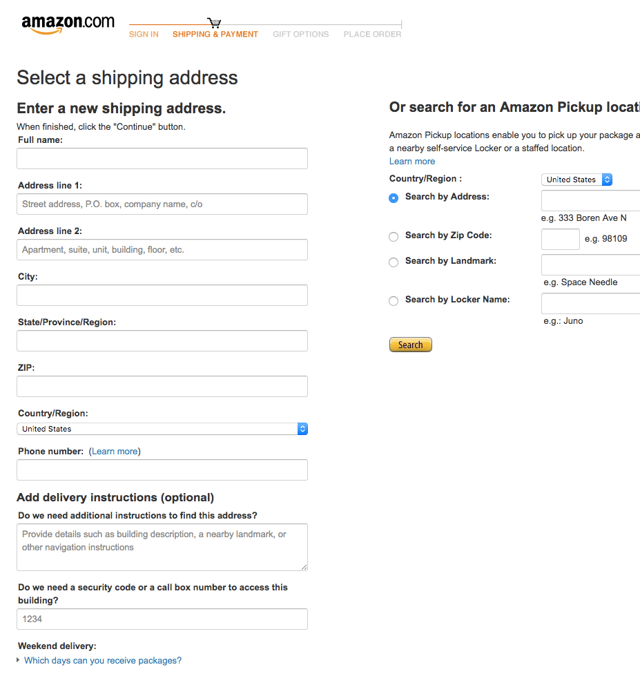 Amazon checkout form for shipping address input