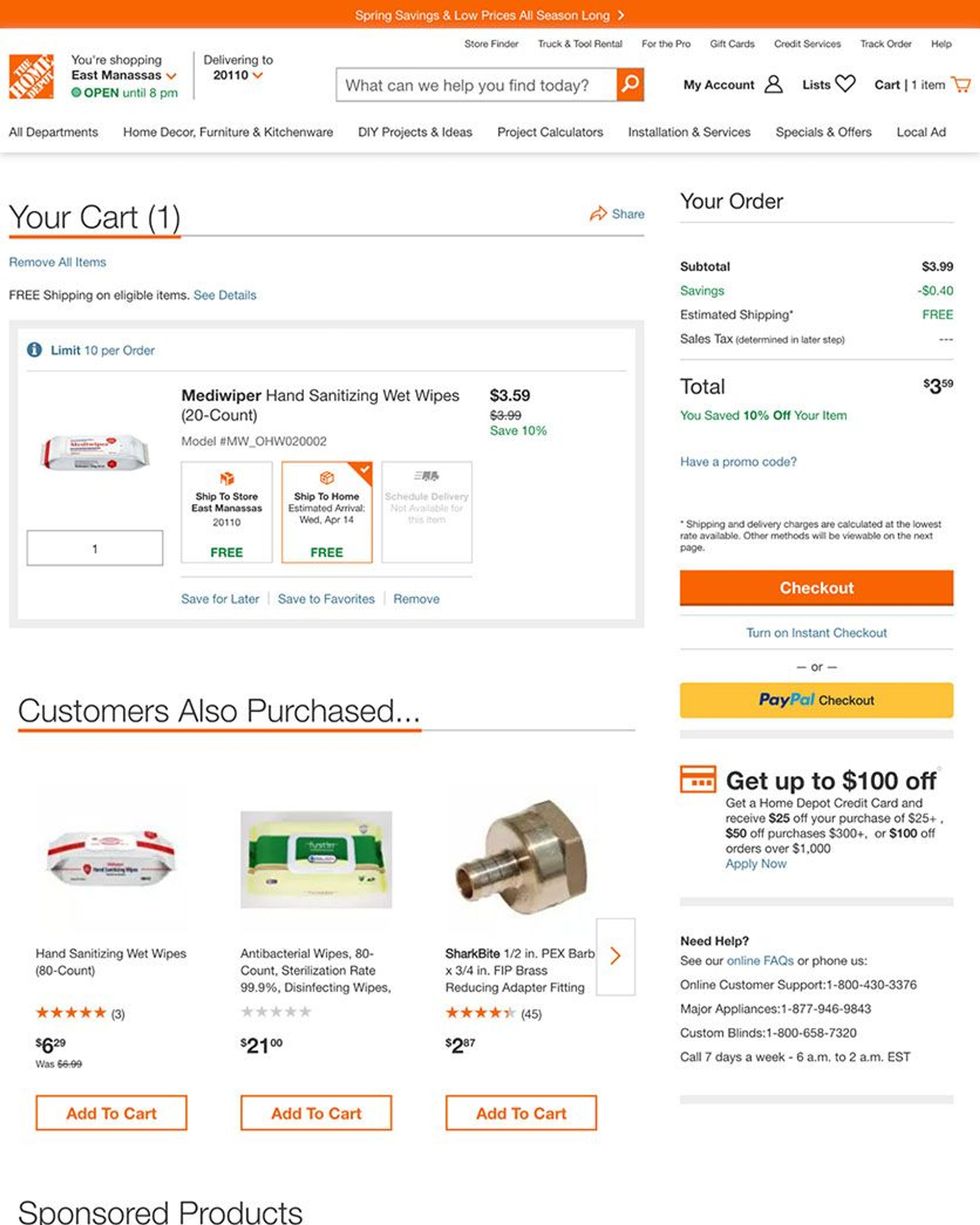 Home Depot shopping cart page showing hand sanitizing wipes in the cart