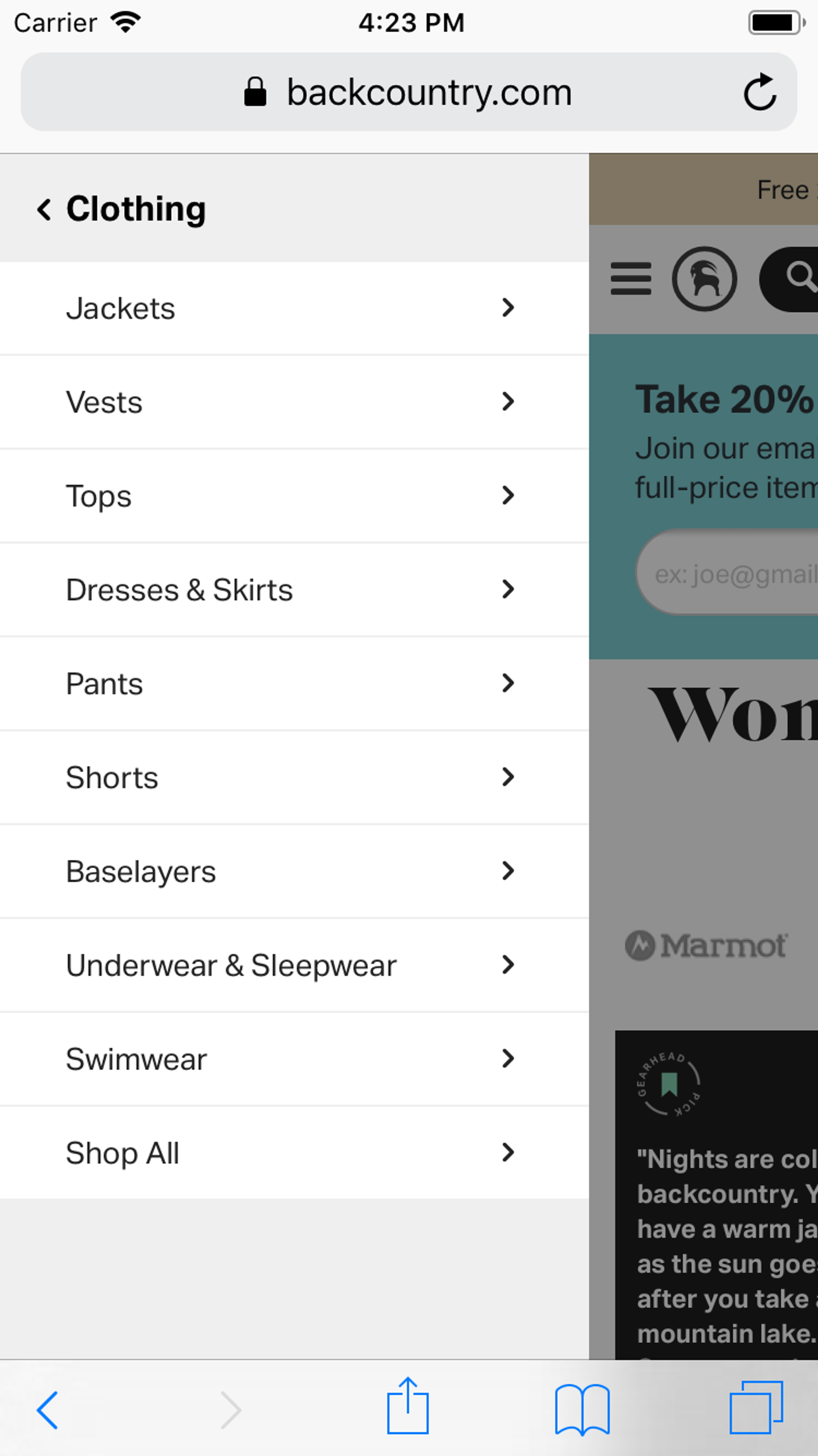 Backcountry’s “Women’s Clothing” category with subcategory options in the navigation