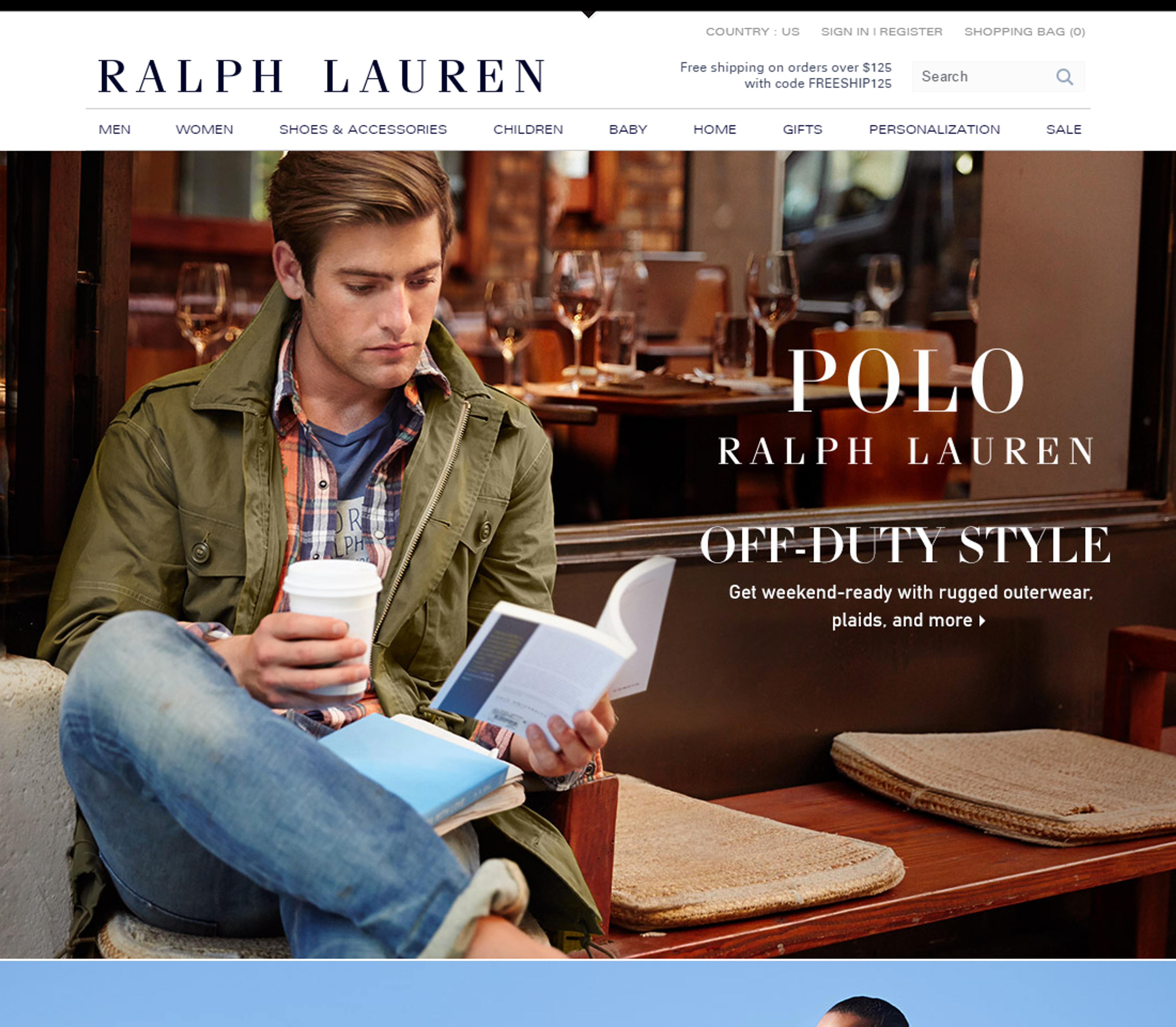 Ralph Lauren with a large banner image of a man reading a book and holding a coffee cup