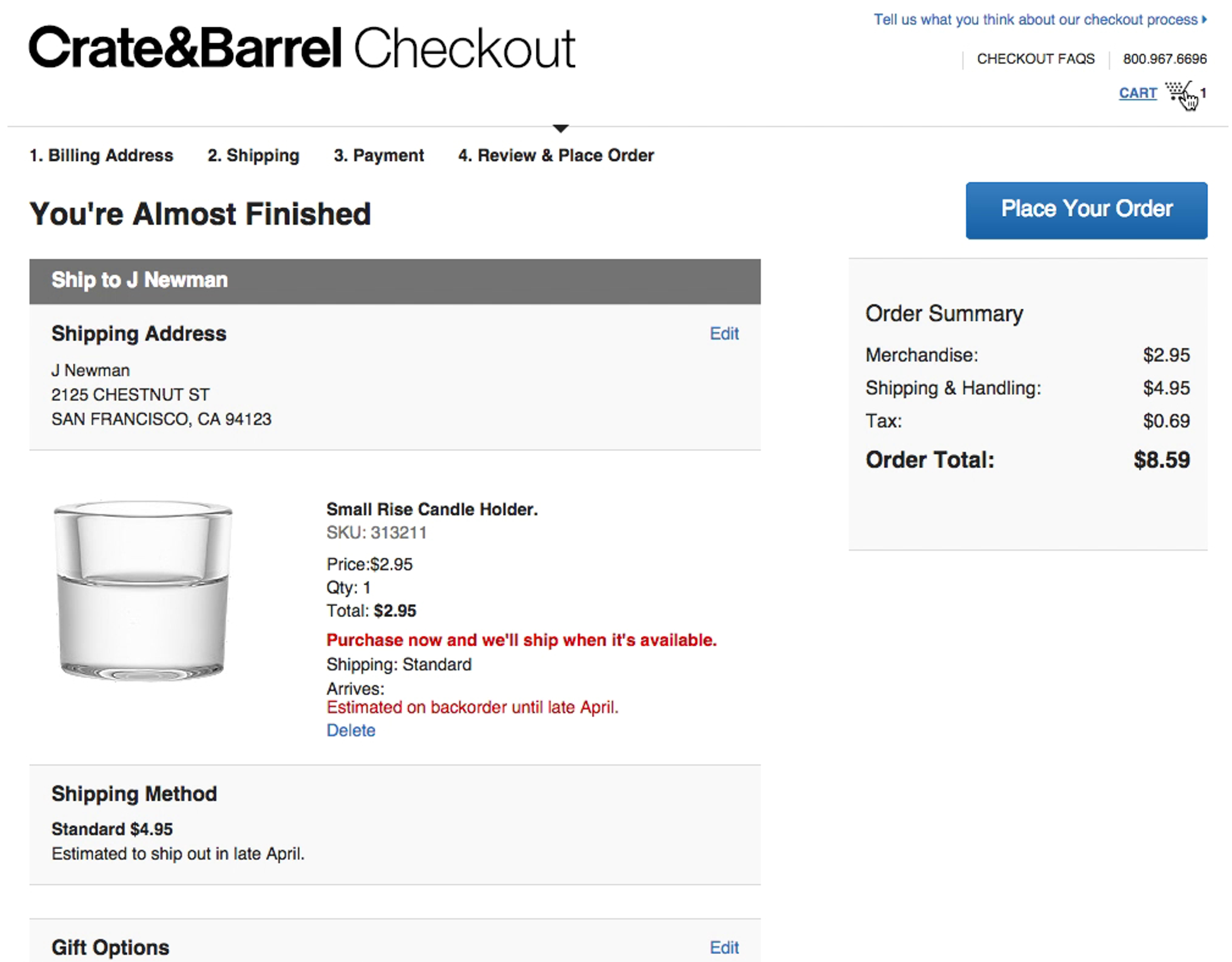 Crate & Barrel checkout page showing a user's order summary for a candle holder