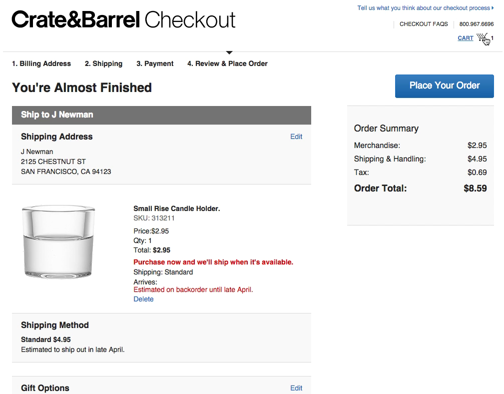 Crate & Barrel checkout page showing a user's order summary for a candle holder