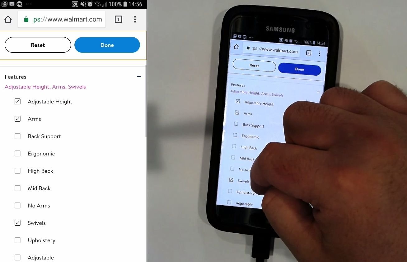 A user applying multiple filters on the Walmart mobile website, using a Samsung smartphone