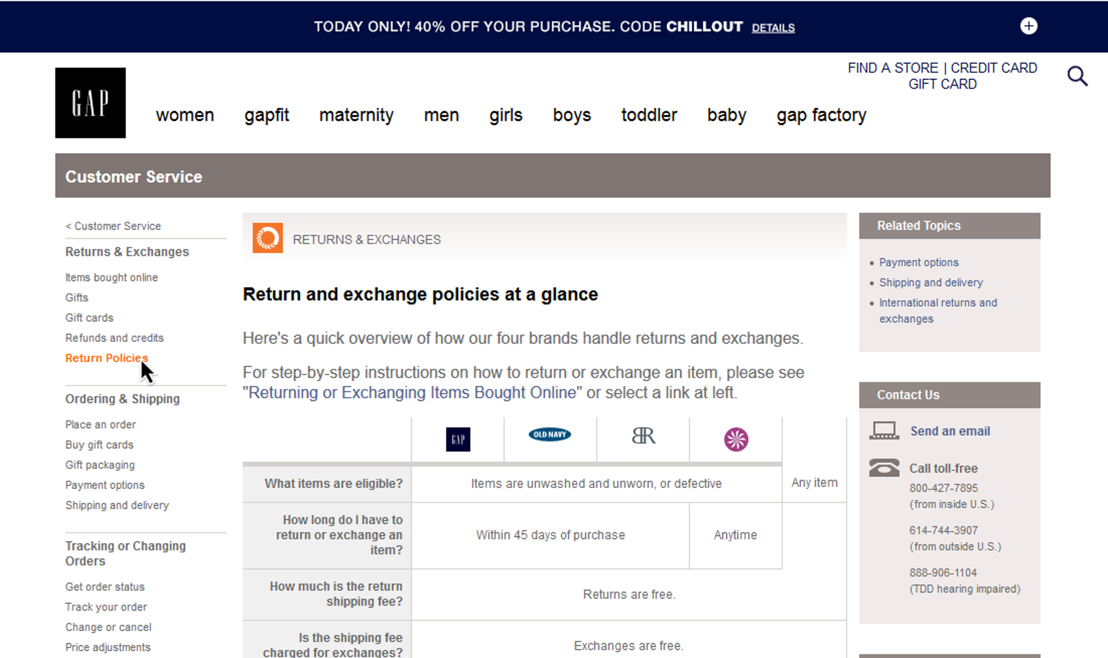 Return and exchange policies on the GAP website