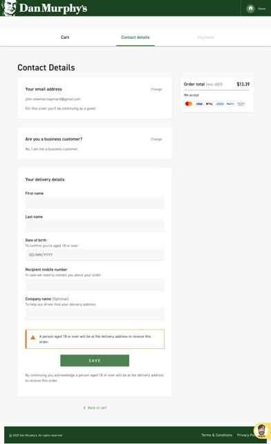 Screenshot of the Dan Murphy’s checkout flow