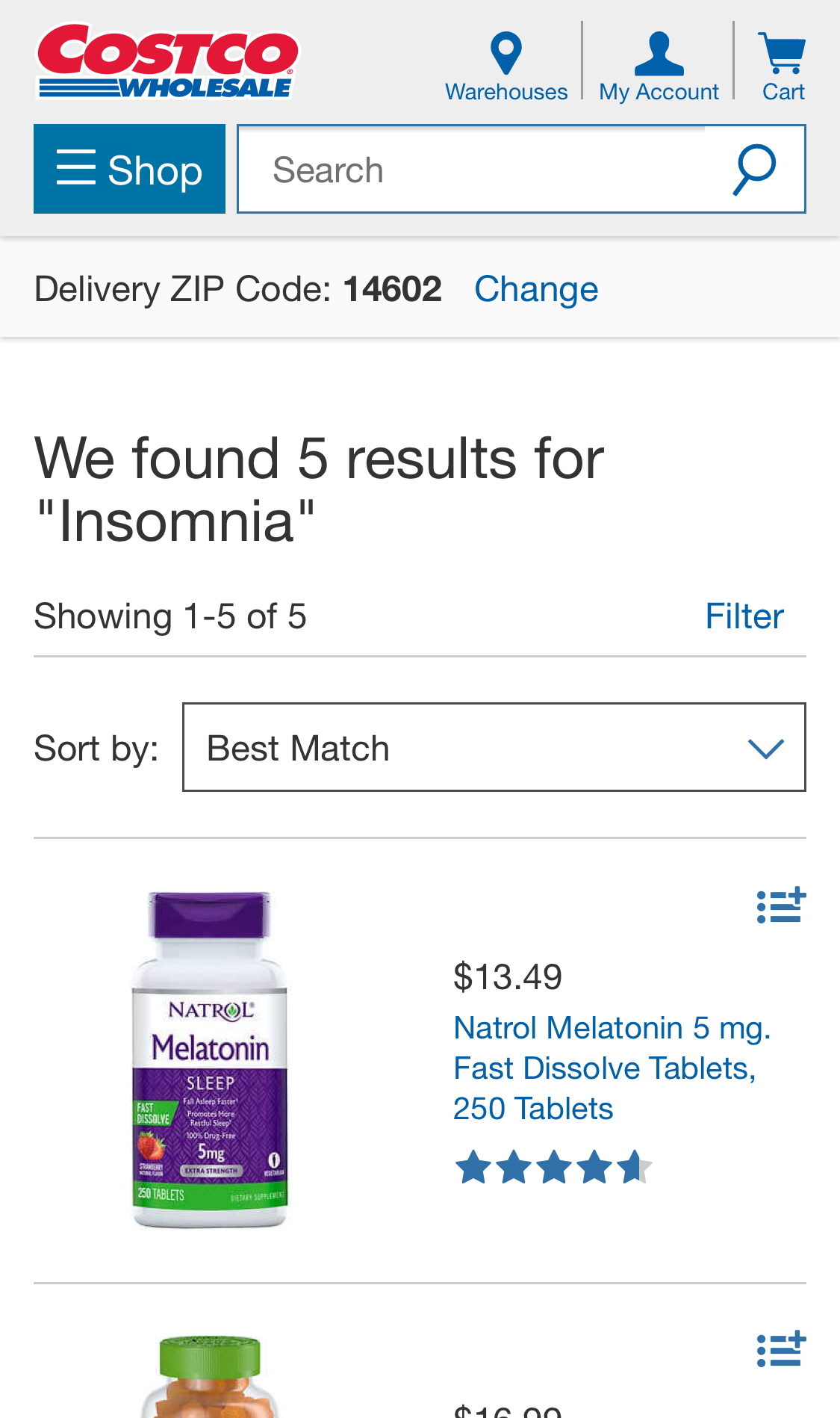 Costco results page for "insomnia", including results like melatonin tablets