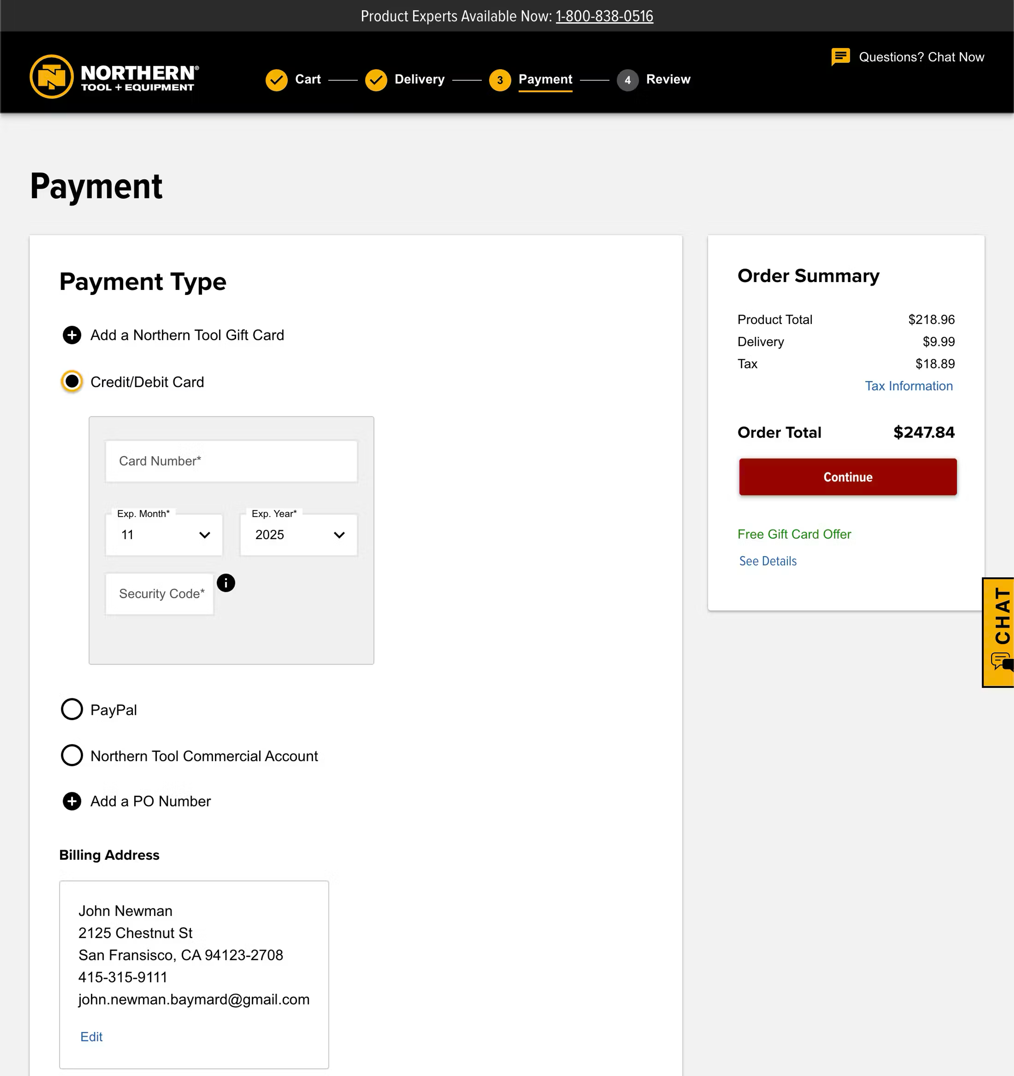 Northern Tool's checkout with clear linear progress steps