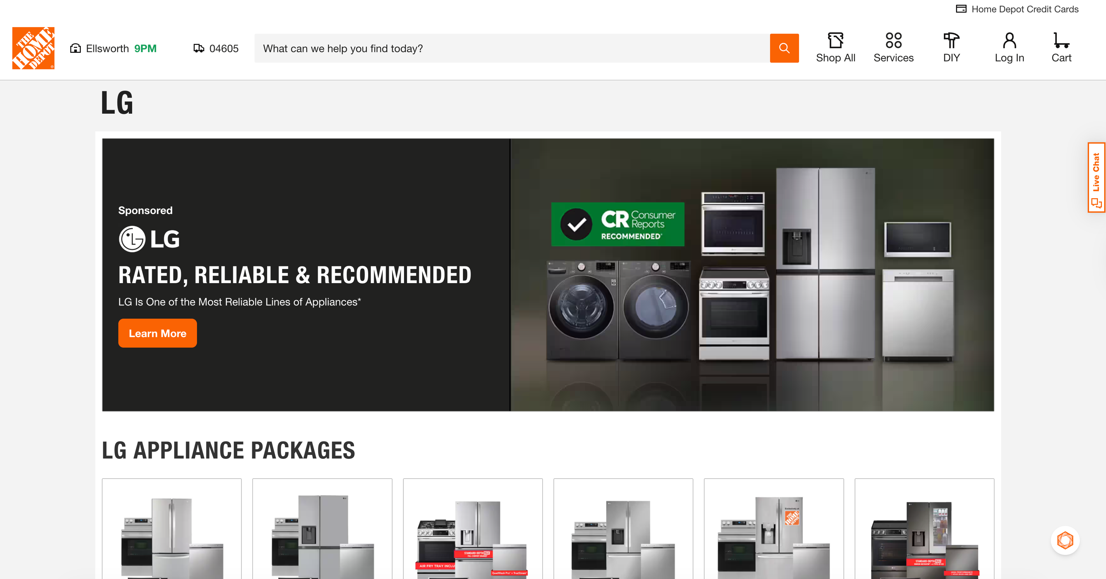 LG Brand page on the Home Depot website