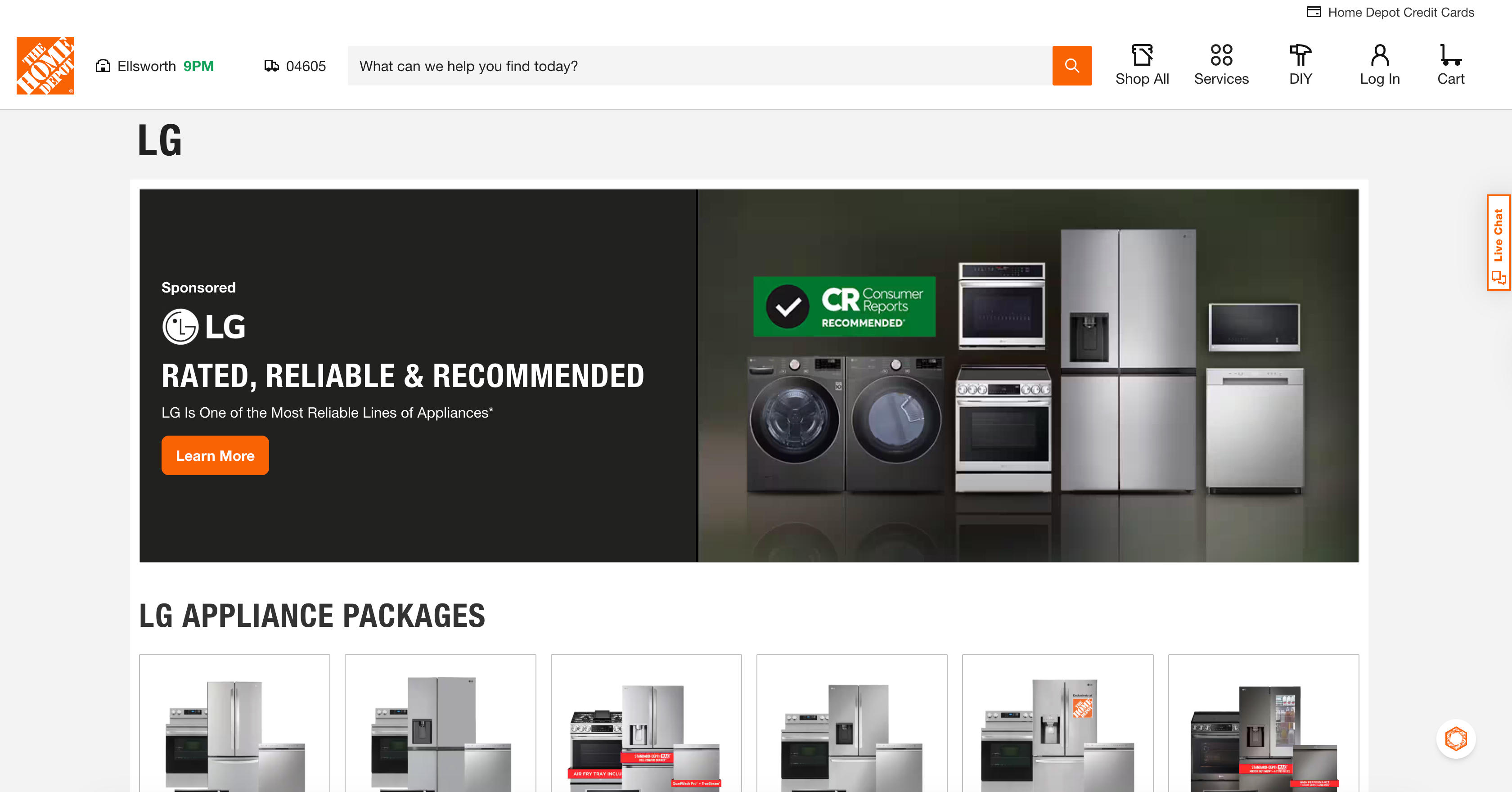 LG Brand page on the Home Depot website