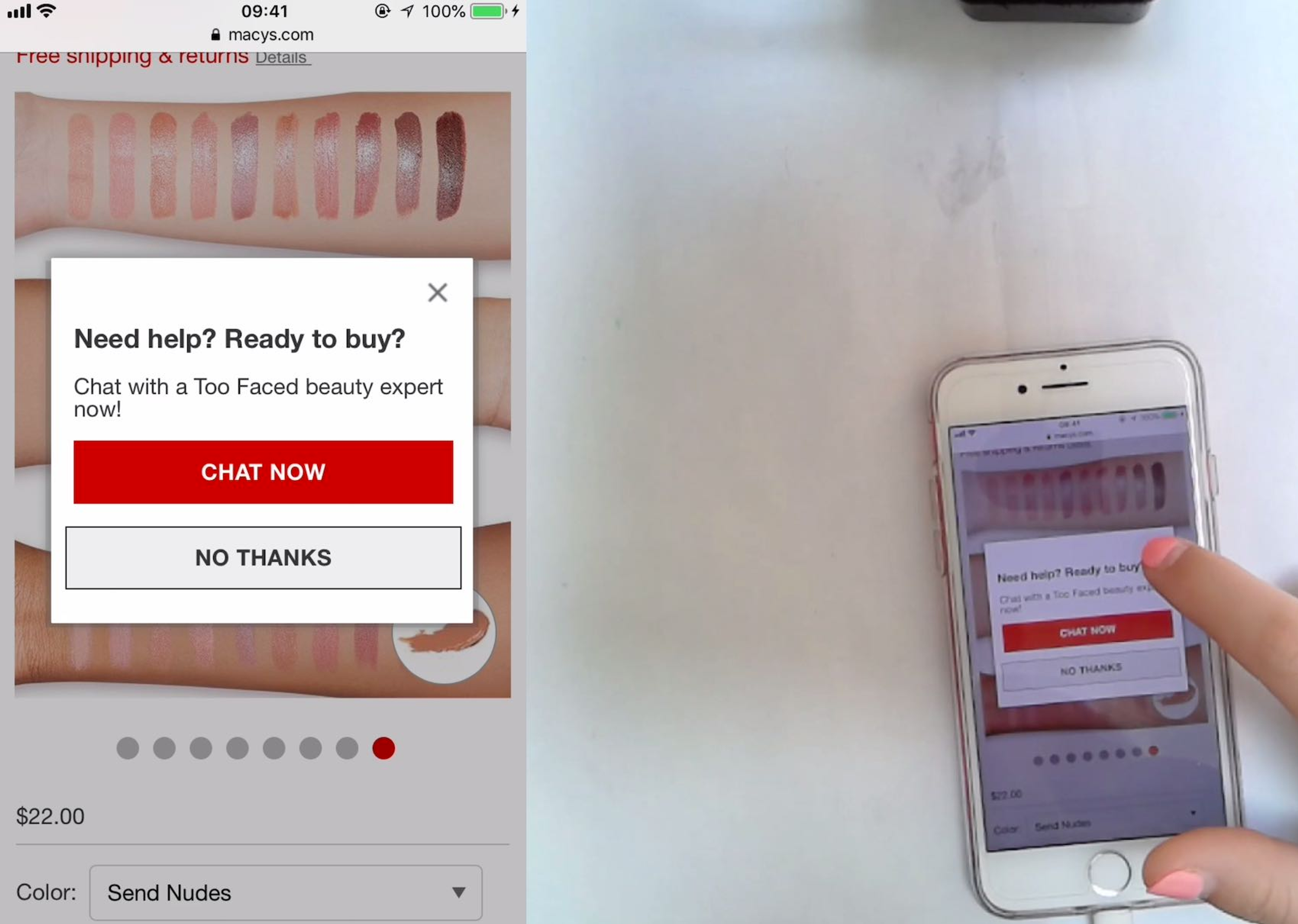 A user browsing the Macy's mobile website on an iPhone, dismissing a live chat pop-up