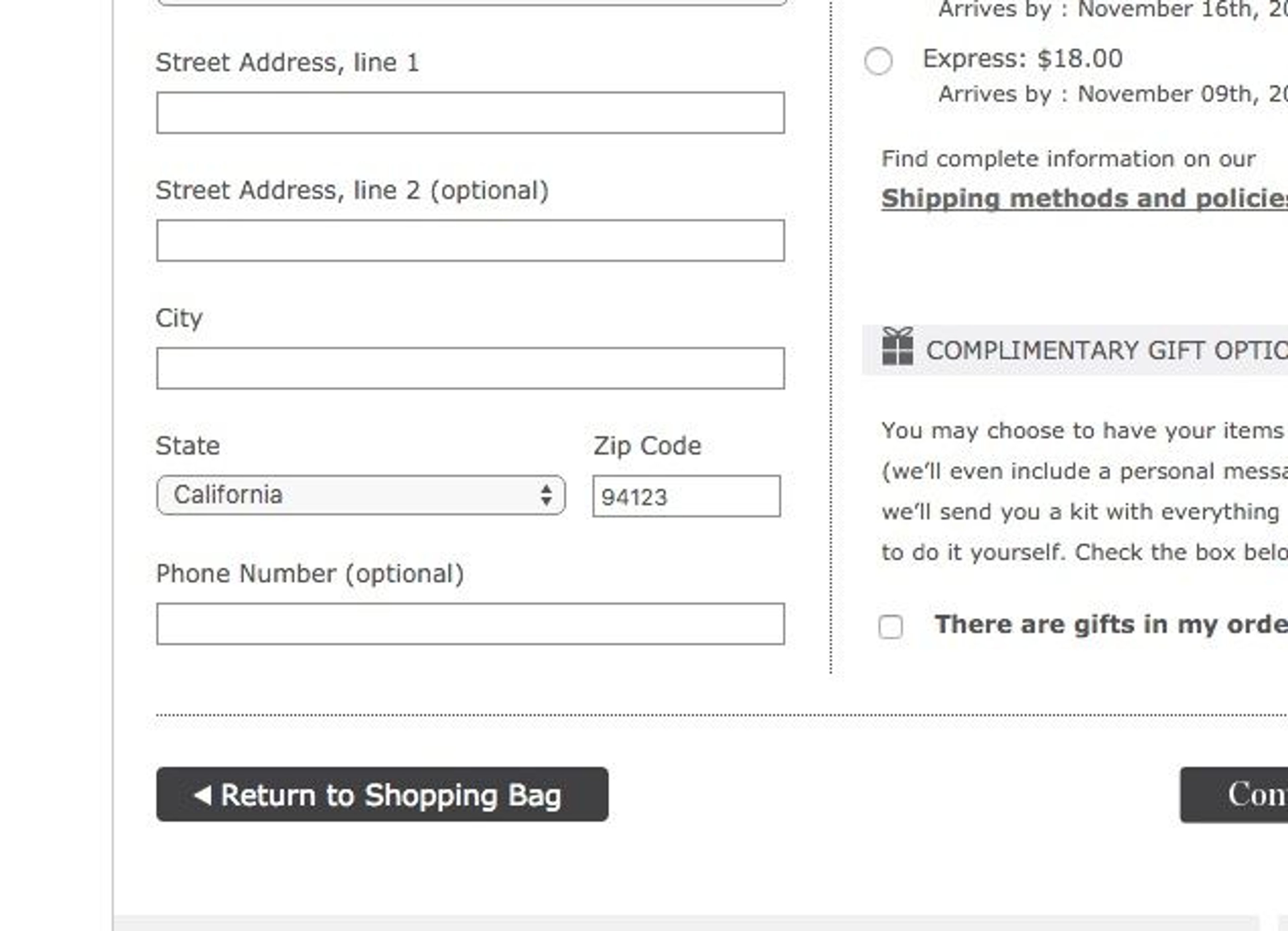 Talbot checkout page showing prefilled state and ZIP code for the shipping address