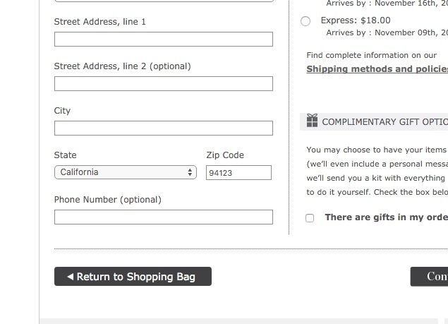 Talbot checkout page showing prefilled state and ZIP code for the shipping address