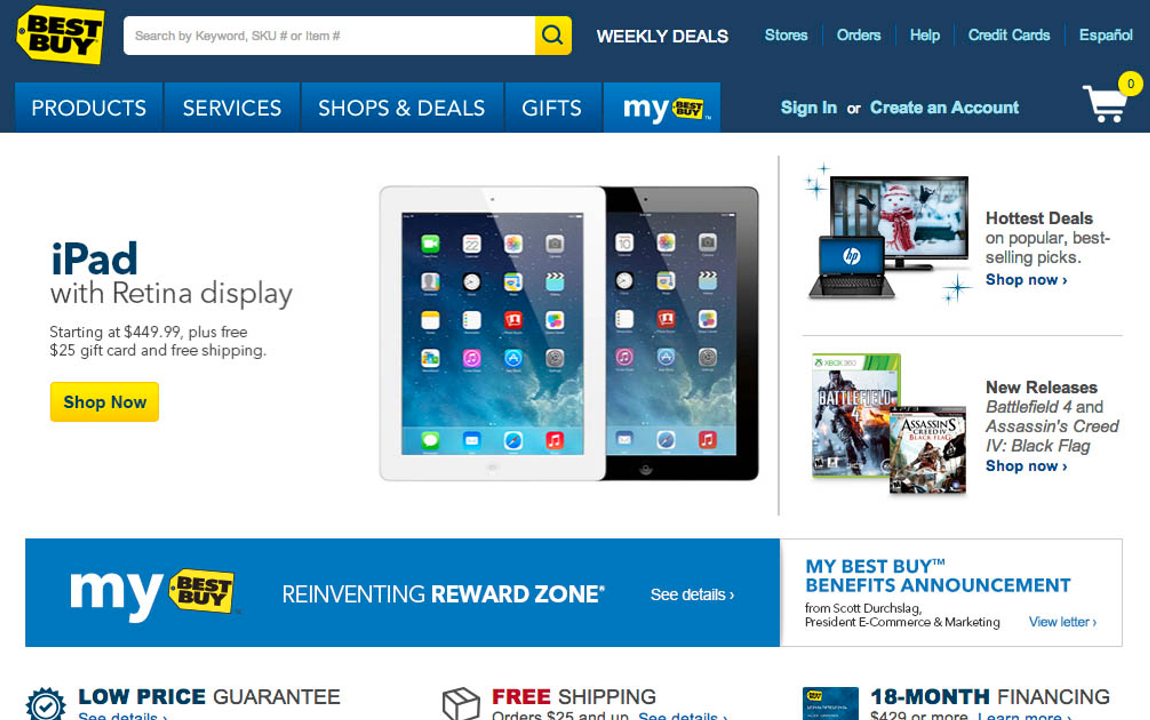 Screenshot of Best Buy's homepage showing iPad banner and links to various categories