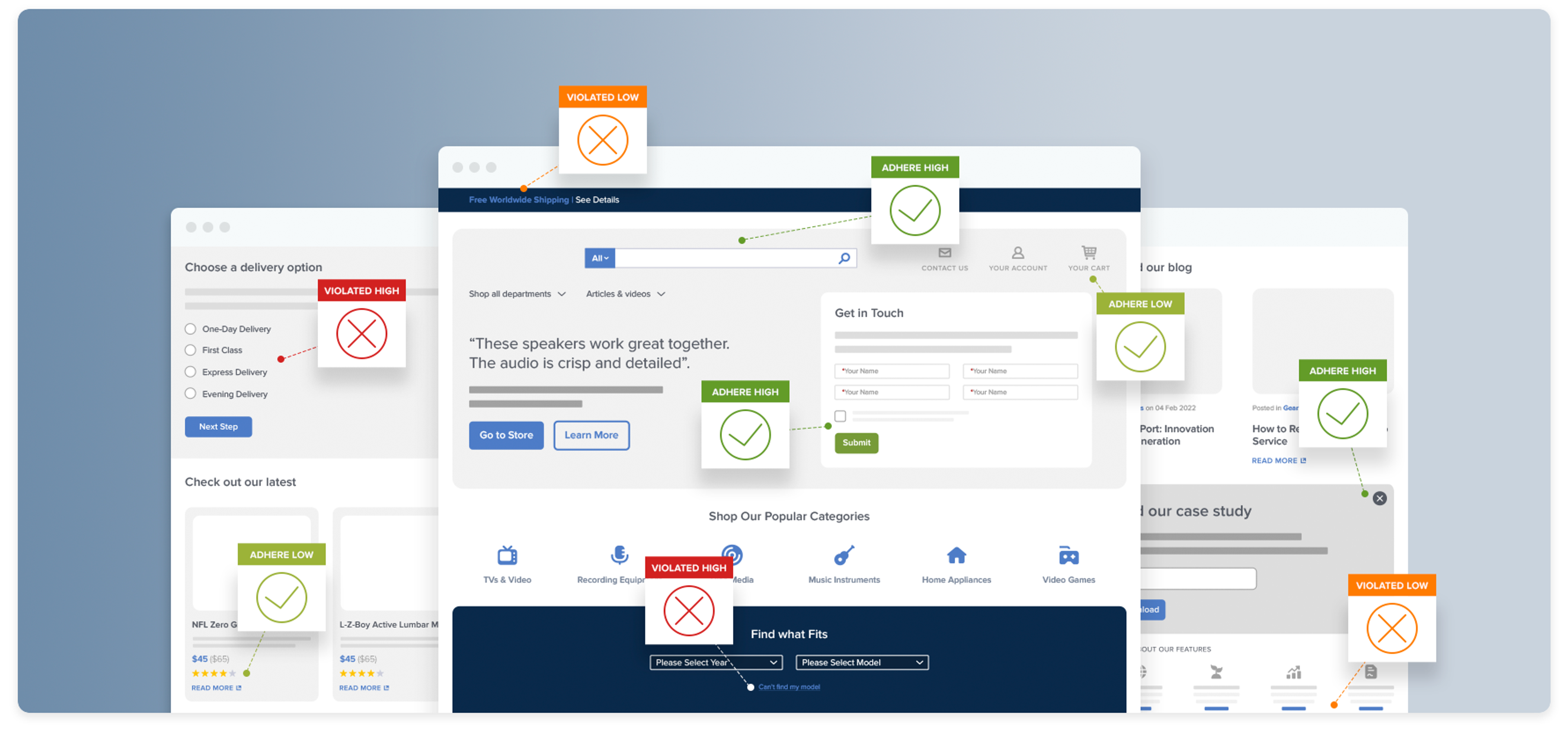 Annotated ecommerce website mockups showing labels for best practices and UX issues