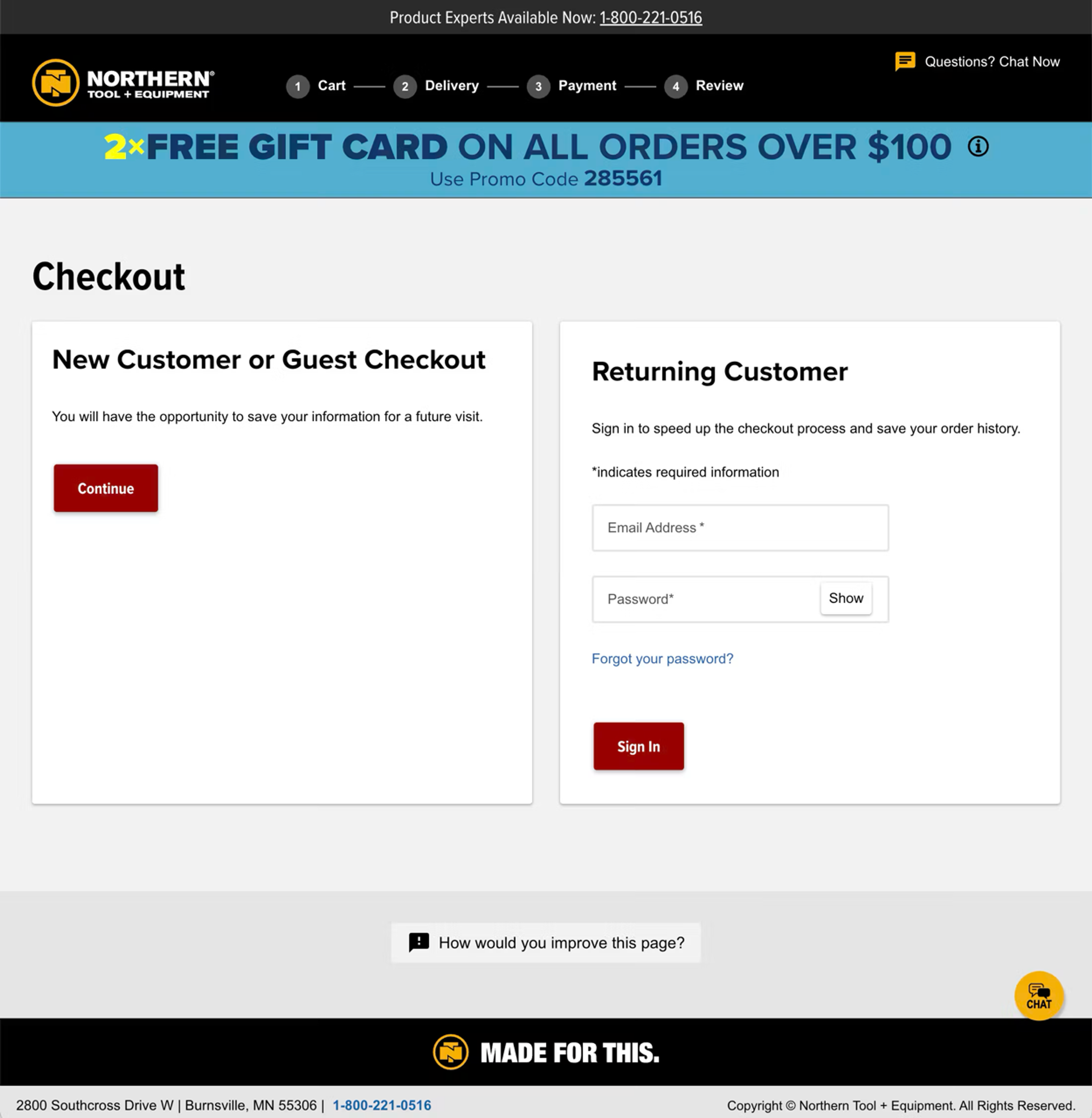Northern Tool’s checkout page with prominent guest checkout option