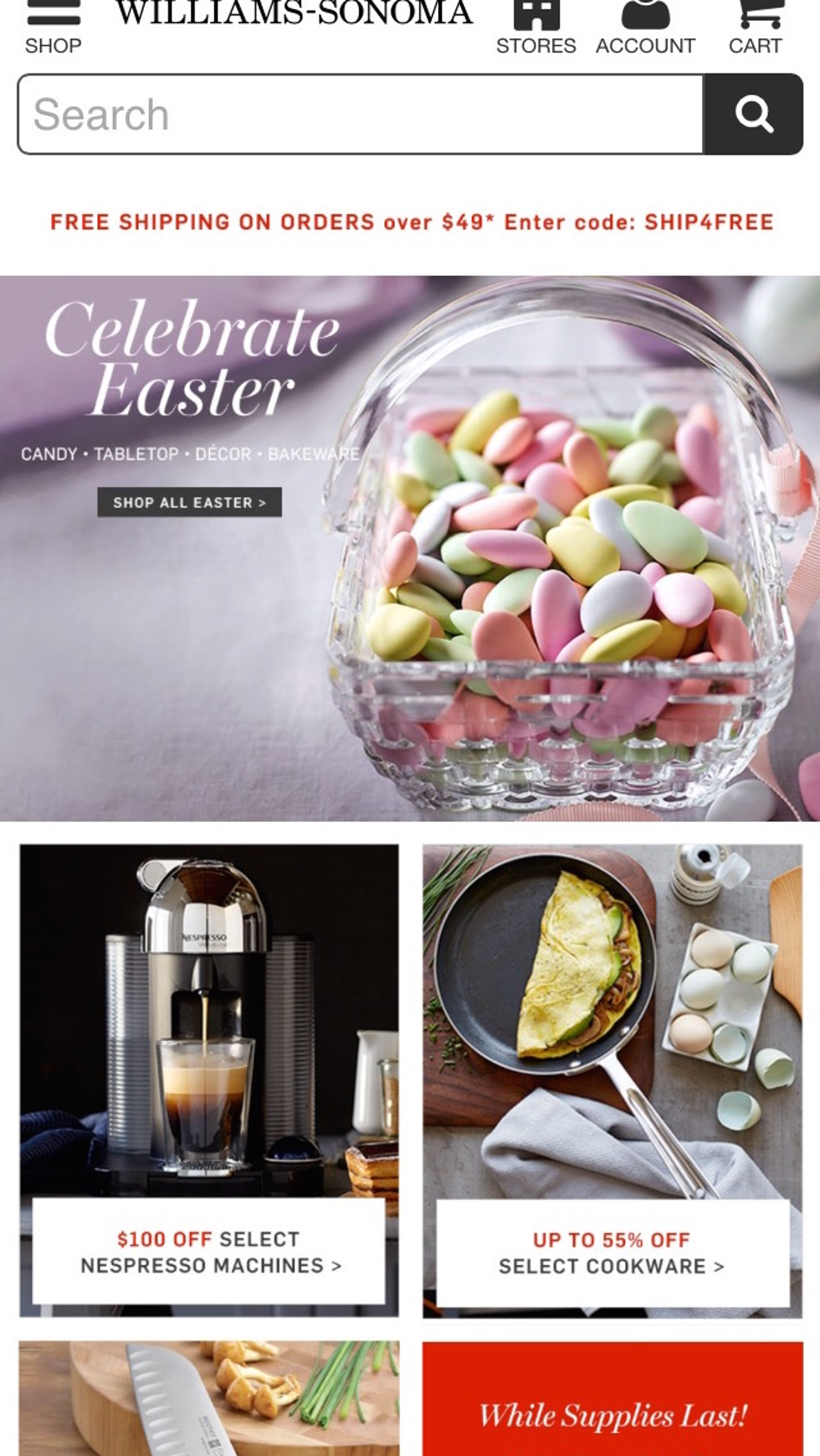 Williams-Sonoma mobile homepage showing cards for key product categories including Easter items, coffee machines, and cookware