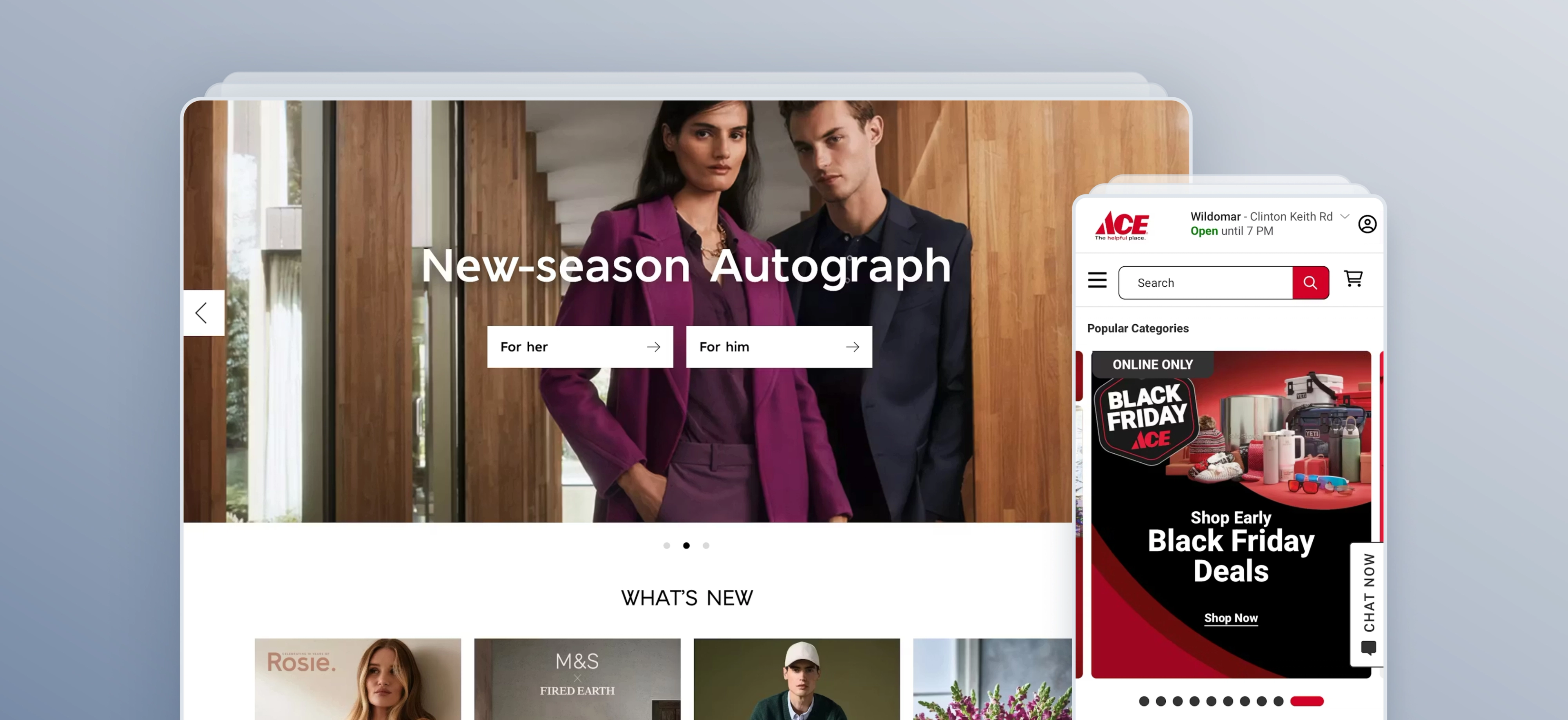Desktop and mobile ecommerce website homepages showing carousels with page control dots