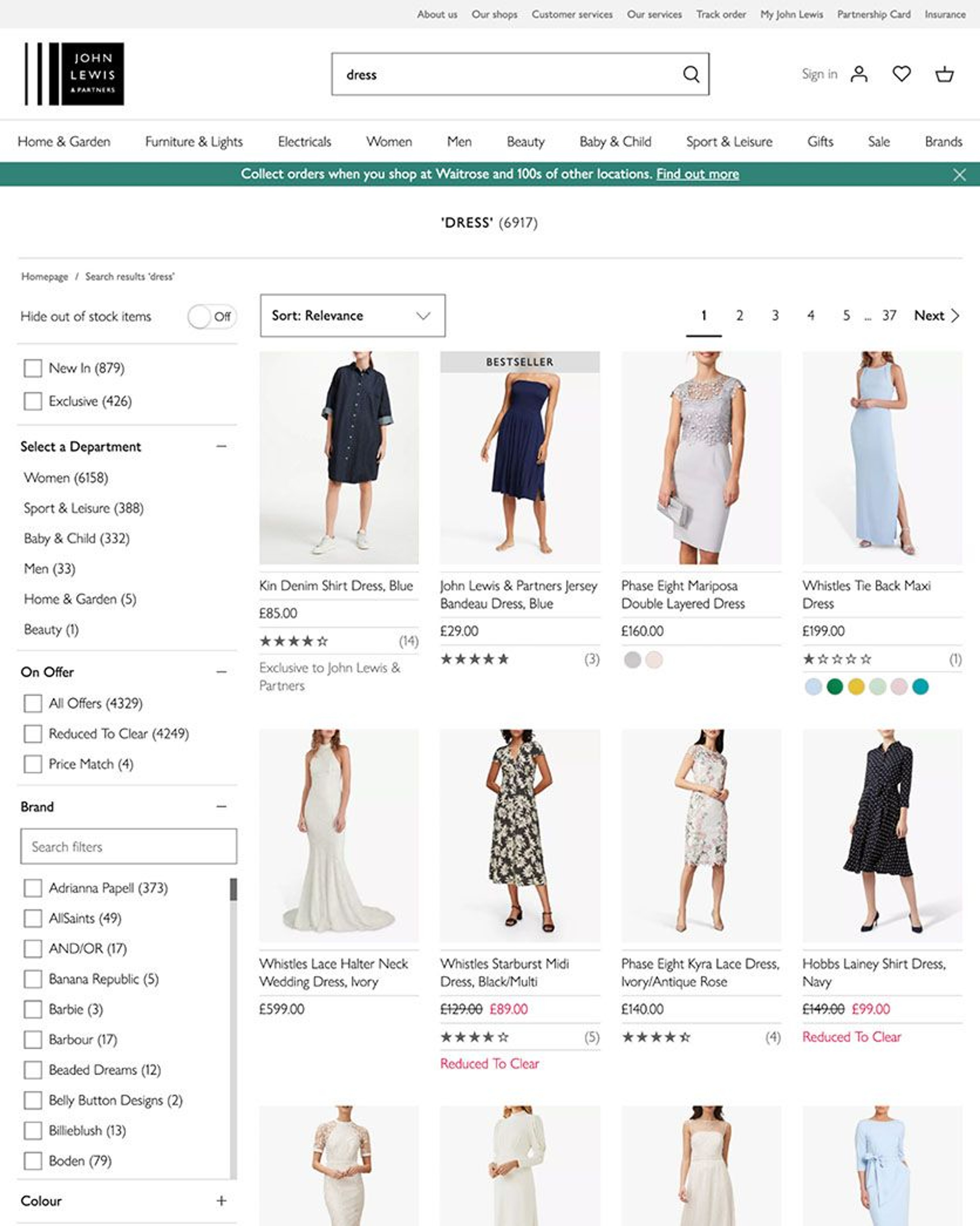 John Lewis product listing page for women's dresses, with applied filters visible