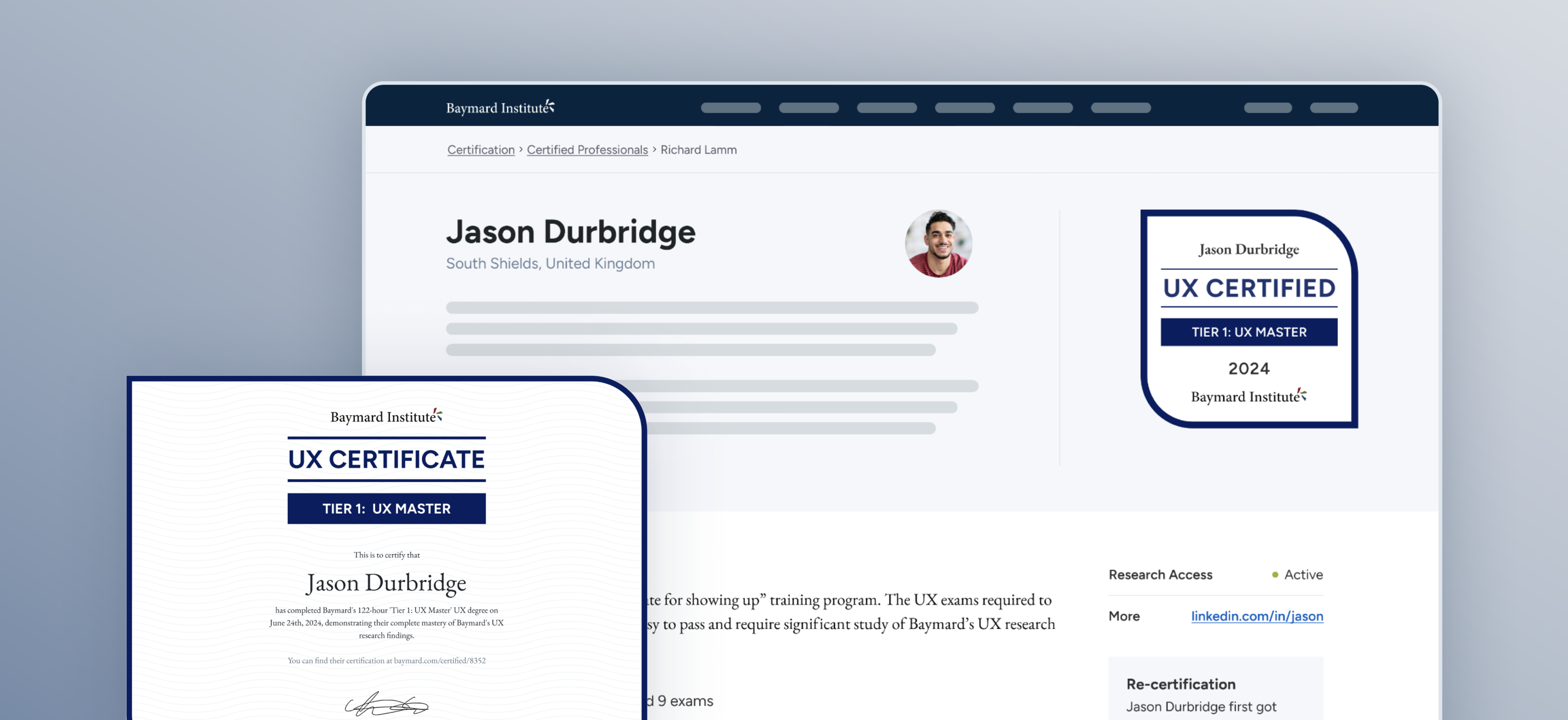 UX certification screenshot and certificate awarded to Jason Durbridge