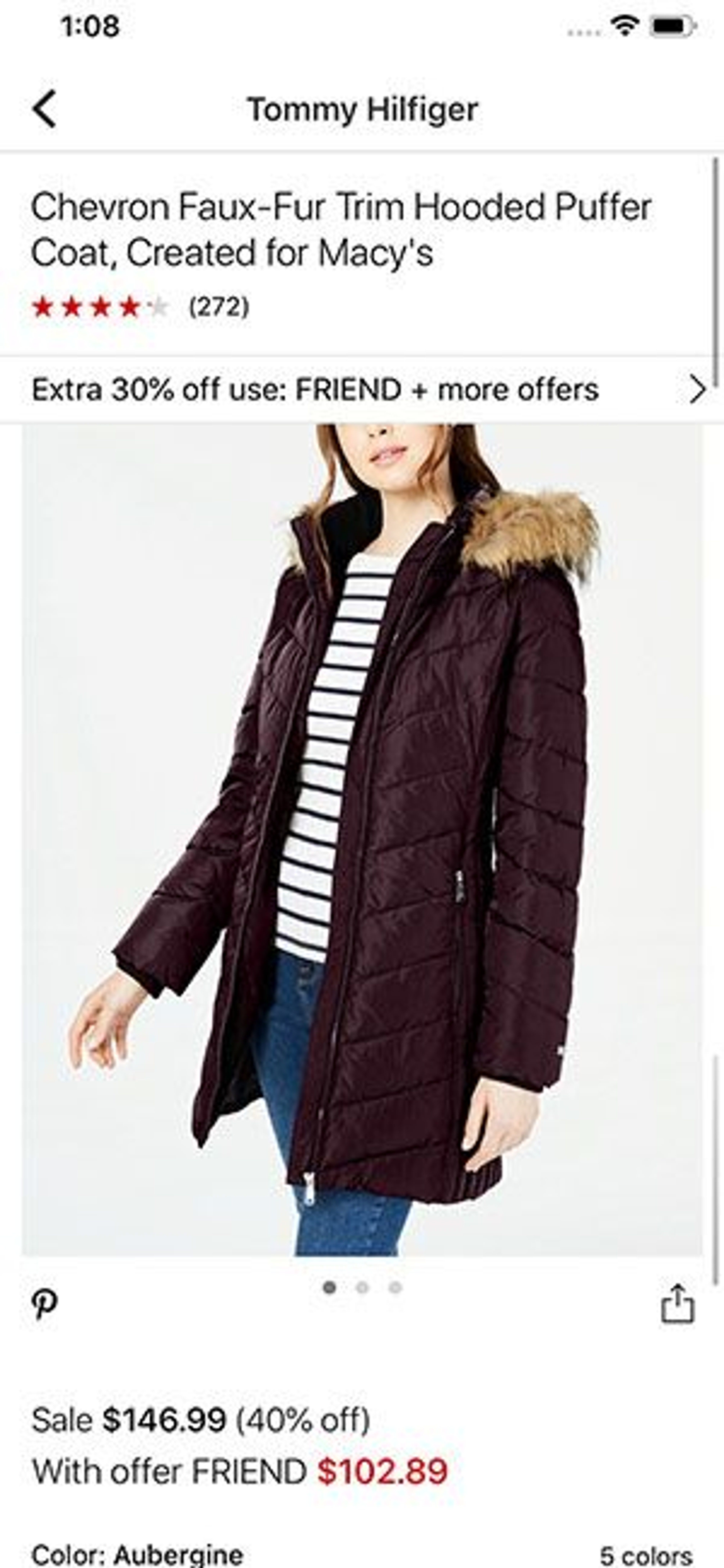 Macy's app product page showing a women's hooded puffer coat and product image