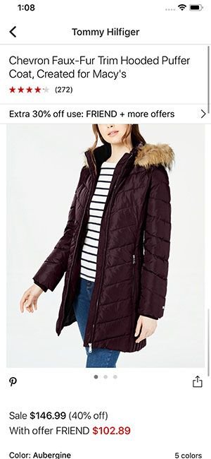 Macy's app product page showing a women's hooded puffer coat and product image