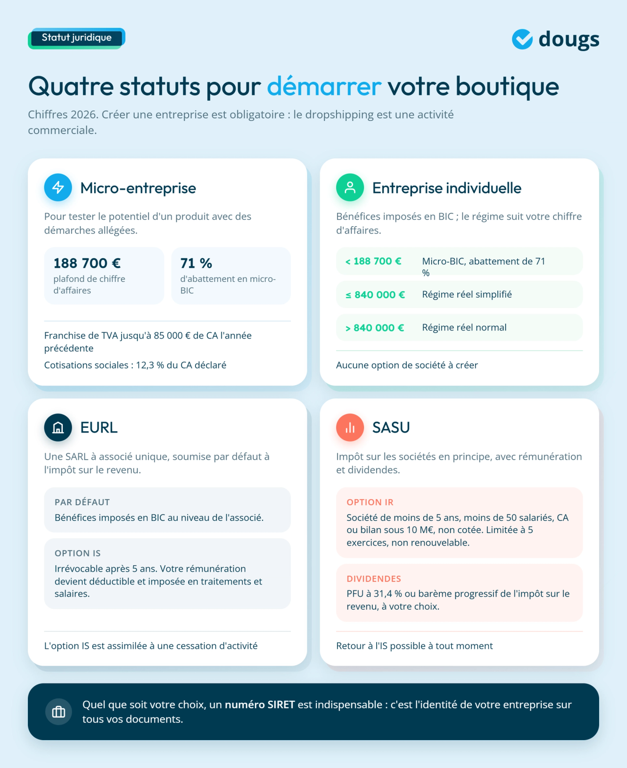Infographie comparaison des statuts juridiques pour le dropshipping