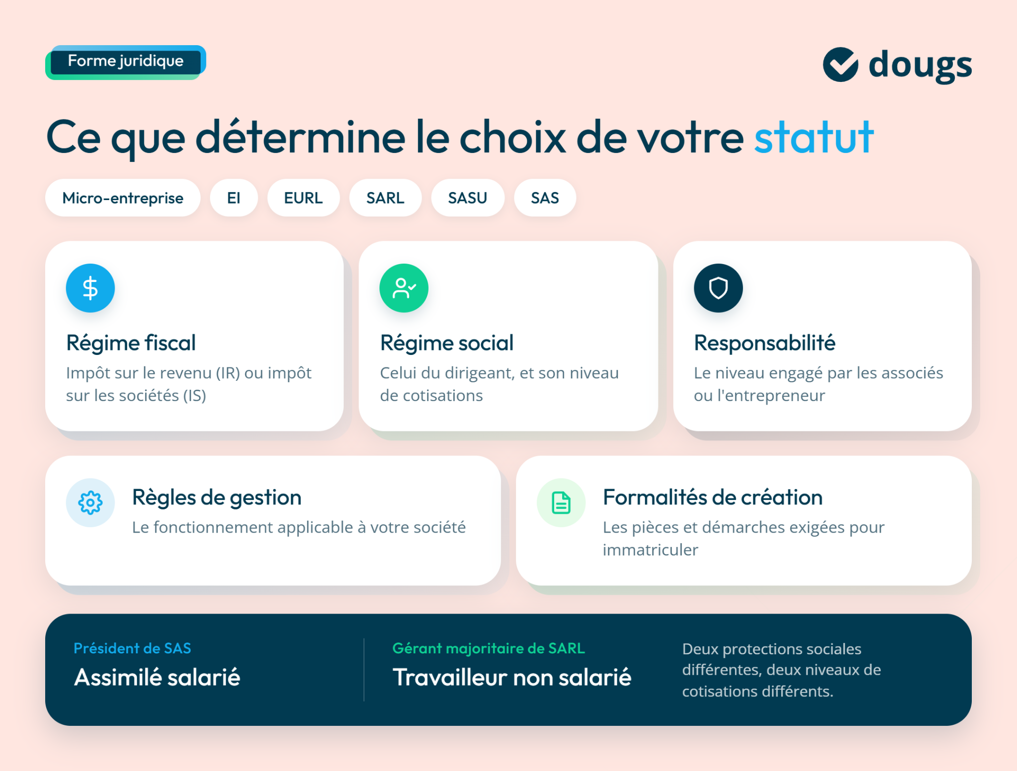 Infographie sur les choix de statut juridique pour la création d'entreprise, inclut des informations sur le régime fiscal et social