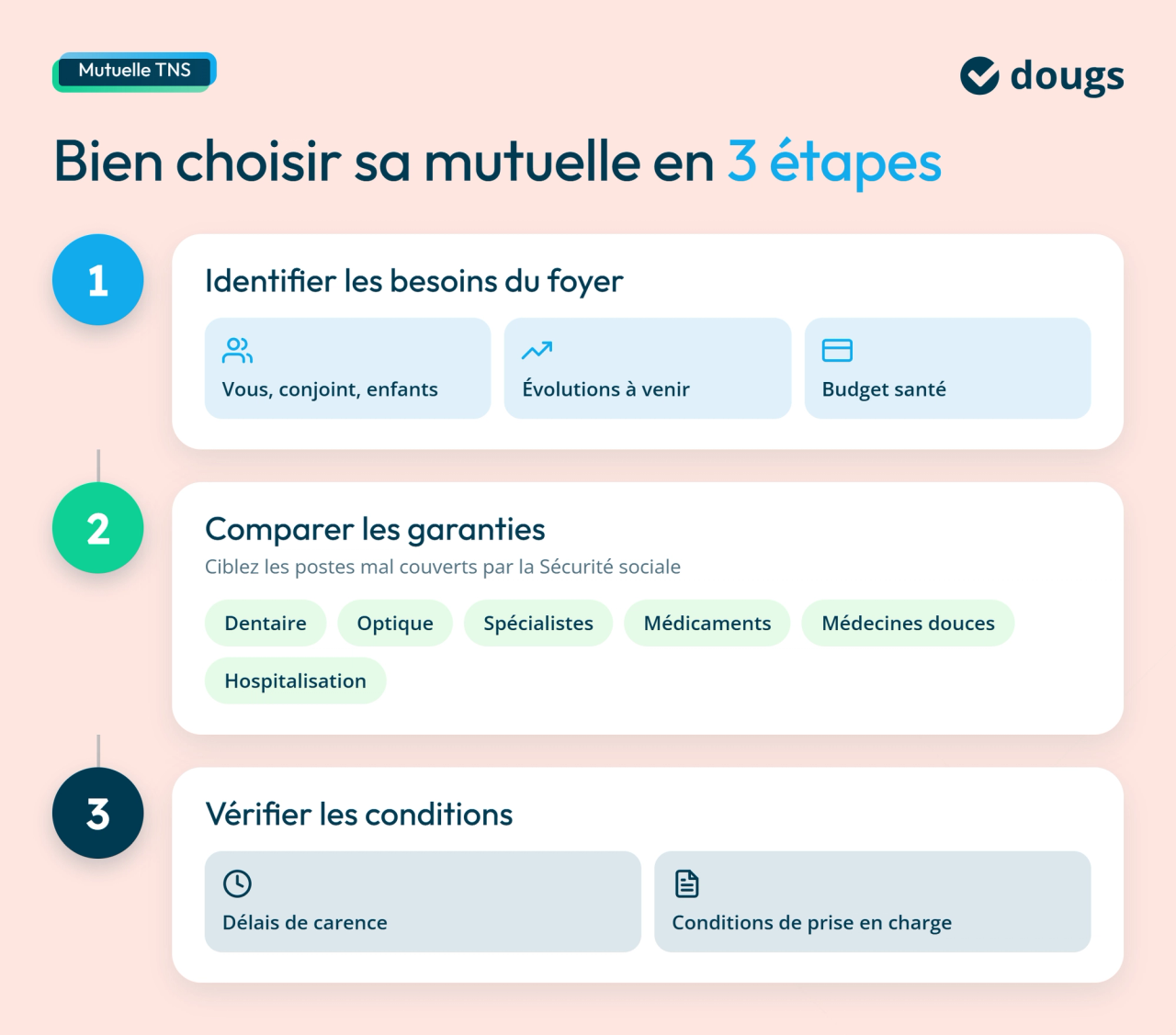 Diagramme explicatif du choix d'une mutuelle TNS : besoins du foyer, garanties et conditions, sections colorées et texte.