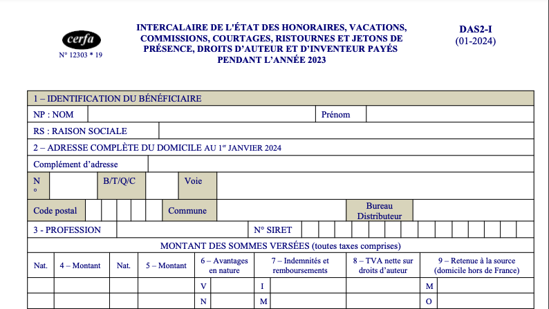 Formulaire DAS2 pour déclarer honoraires et commissions en 2023, avec sections pour identification et montants versés