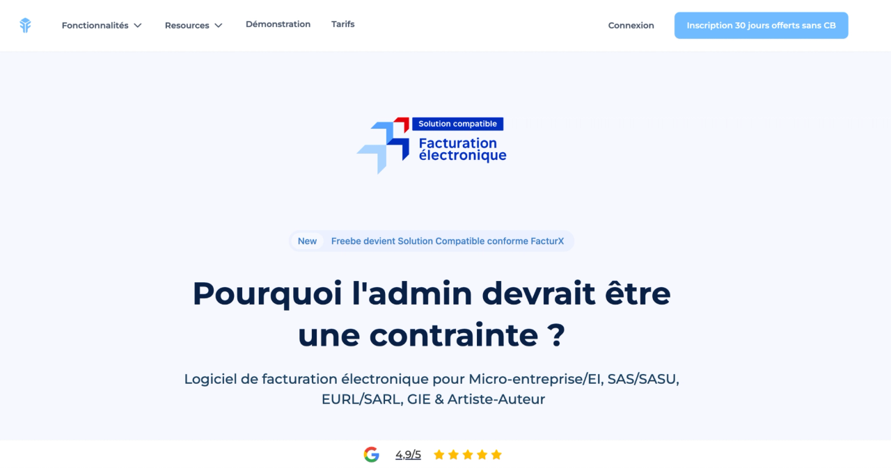 Page d’accueil d’un logiciel de facturation électronique compatible Factur-X, destiné aux micro-entreprises, indépendants et sociétés