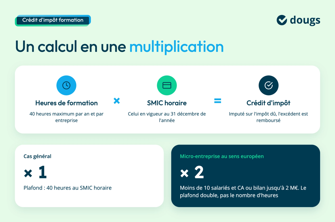 Heures de formation (40 maximum par an) multipliées par le SMIC horaire au 31 décembre donnent le crédit d'impôt. Le montant est doublé pour les micro-entreprises de moins de 10 salariés et 2 M€ de CA ou de bilan