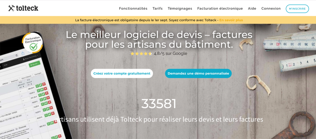 Page d’accueil Tolteck avec un écran de devis et factures pour artisans du bâtiment, présentée comme logiciel de comptabilité BTP