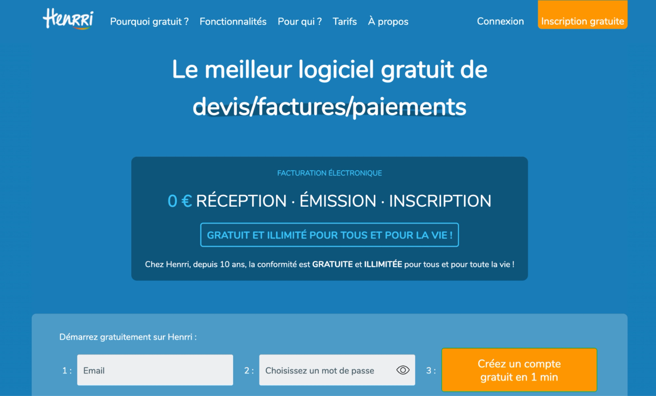 Page d’accueil du logiciel de comptabilité freelance Henrri, avec facturation électronique gratuite et formulaire de création de compte