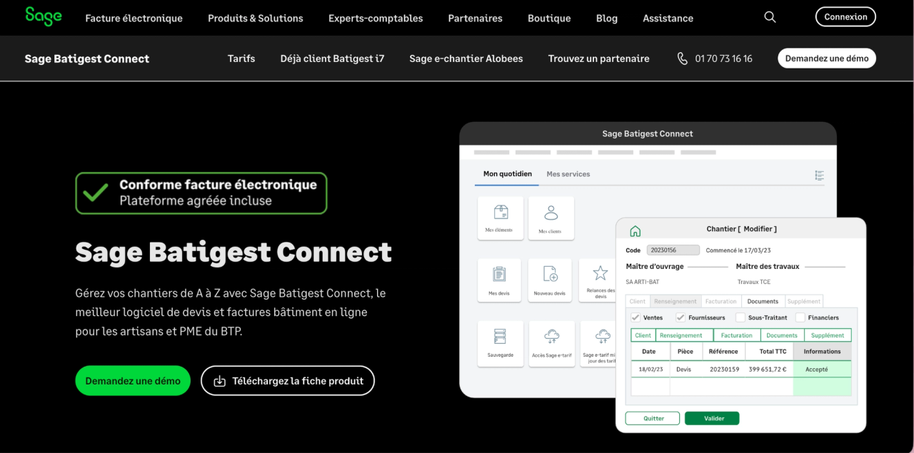 Page Sage Batigest Connect présentant un logiciel de comptabilité BTP avec tableau de bord de chantier, devis et factures électroniques