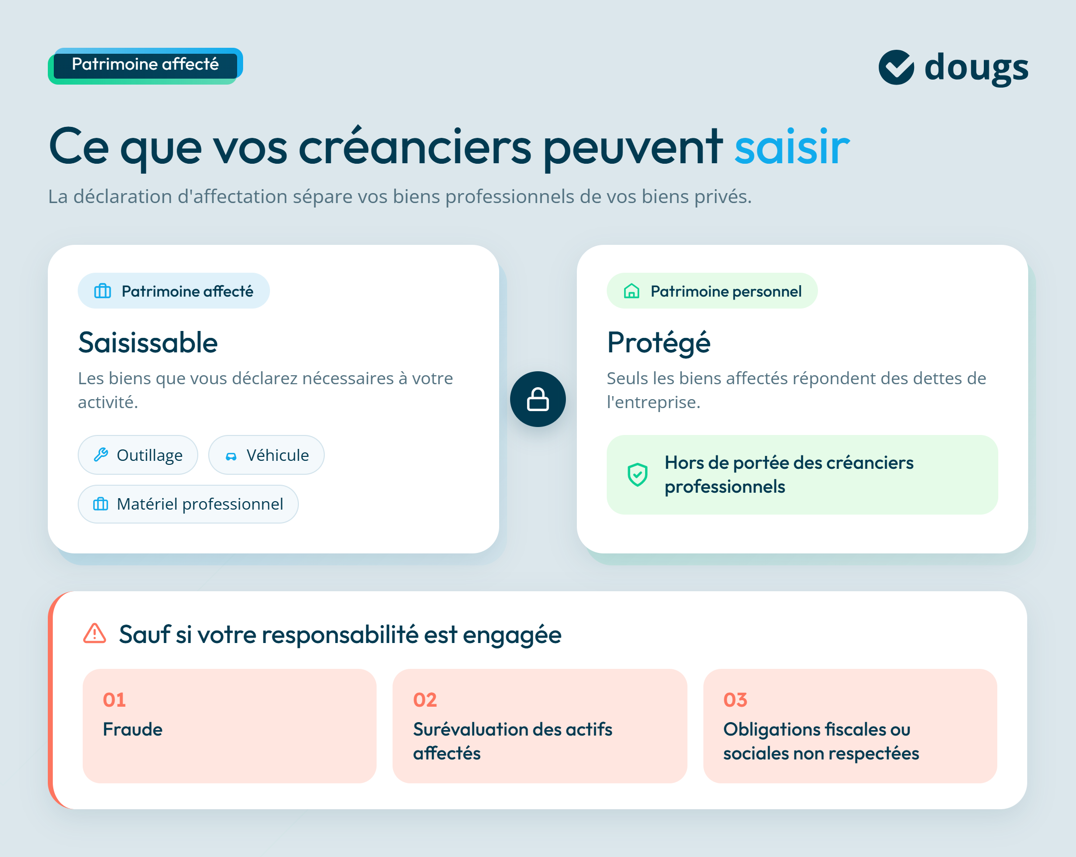 Diagramme explicatif sur ce que vos créanciers peuvent saisir pour une EIRL avec sections colorées et texte.