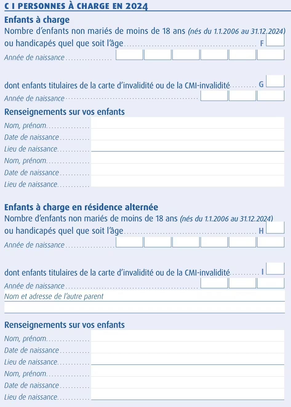 Emplacement des informations à renseigner sur les enfants à charge dans la déclaration de revenus