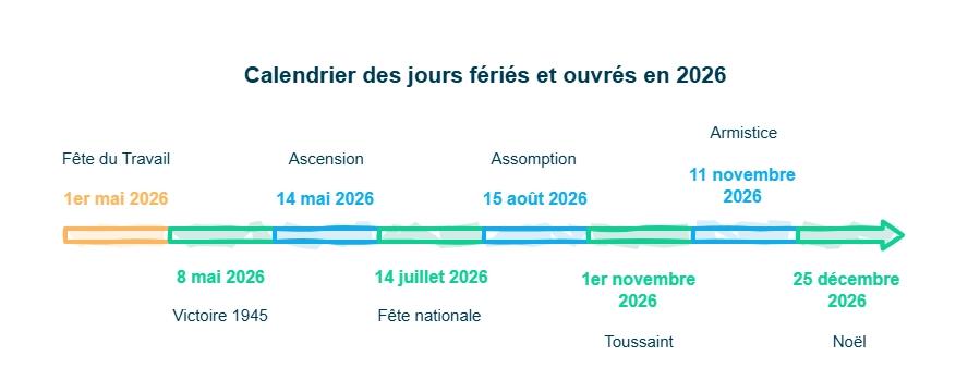 Infographie calendrier des jours fériés et ouvrés en 2026
