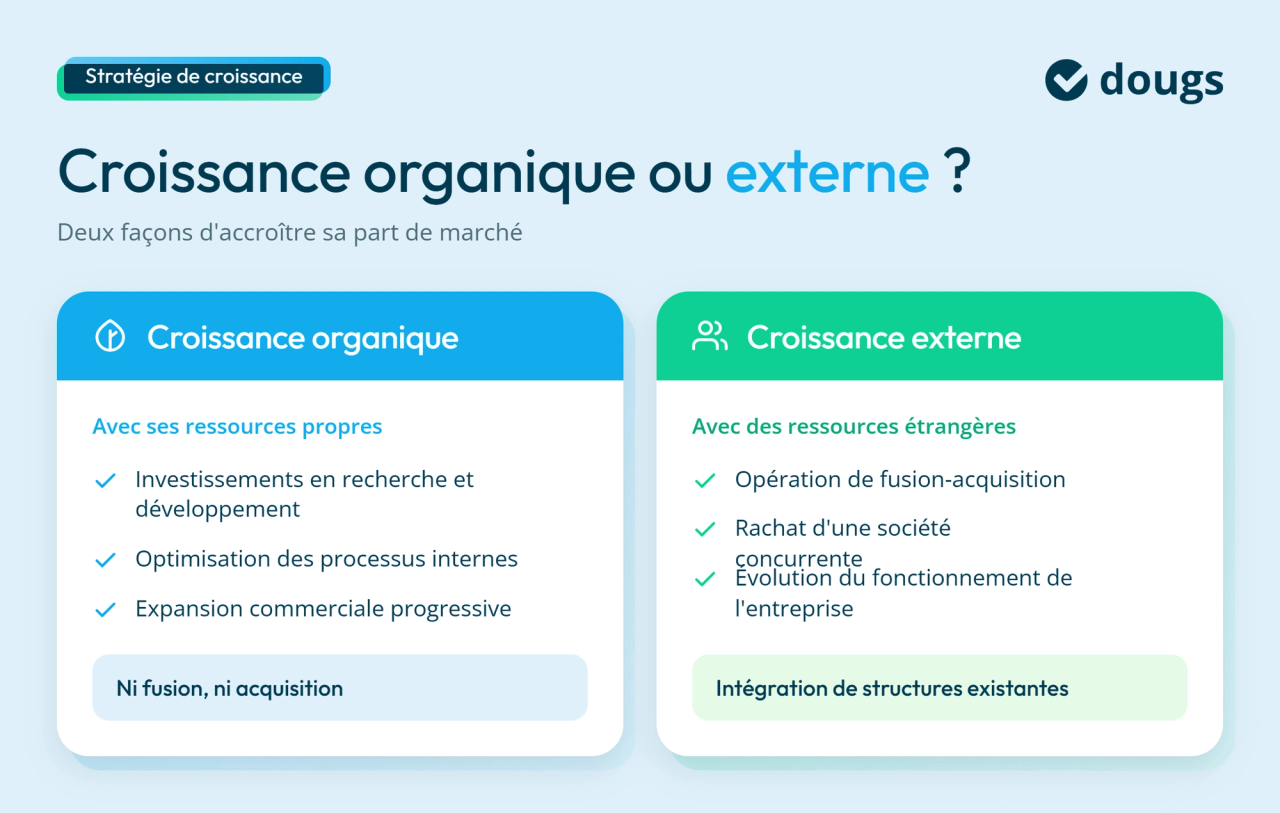 Infographie comparative entre la croissance organique et la croissance externe, sections colorées et texte.