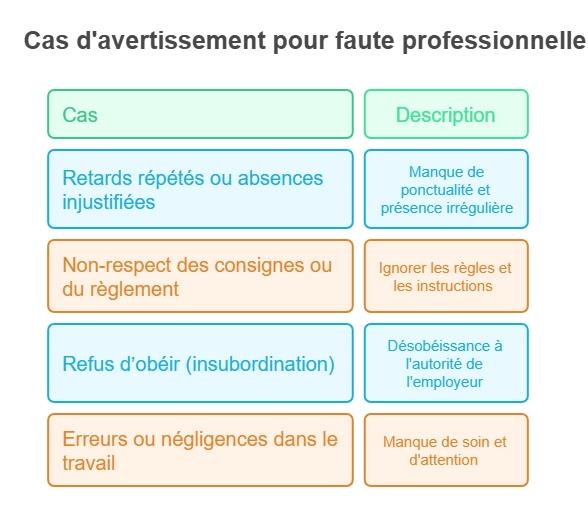 infographie cas d'avertissement pour faute professionnelle