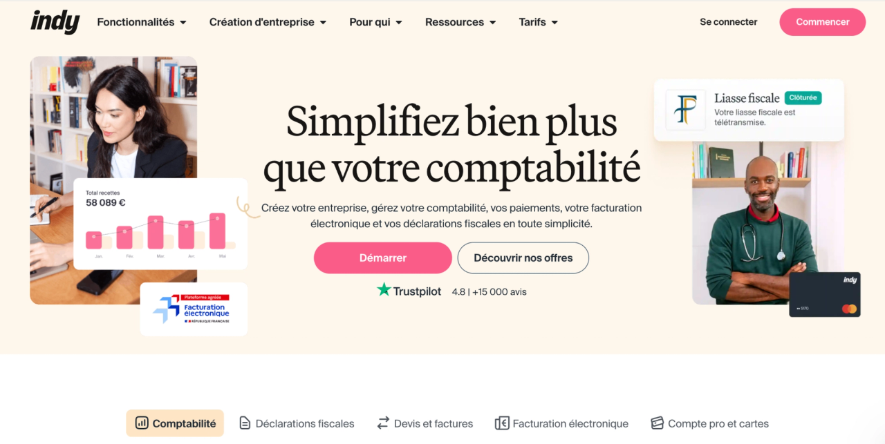 Page d’accueil du logiciel comptabilité freelance Indy, avec graphiques de recettes, outils de facturation et déclaration fiscale